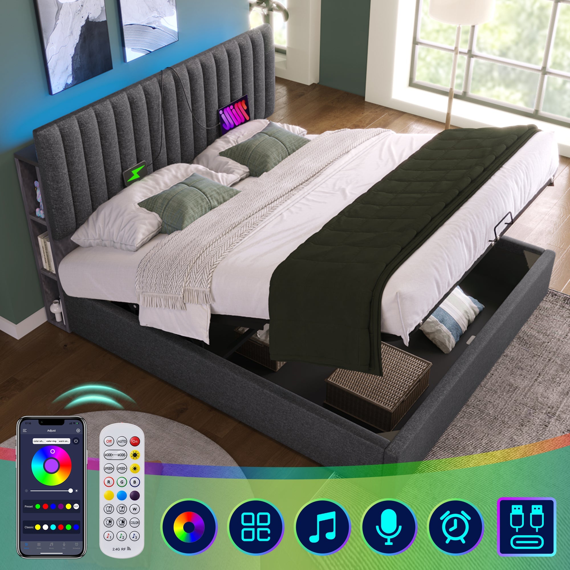 Logidon upholstered bed 160x200 cm LED headboard app control gray