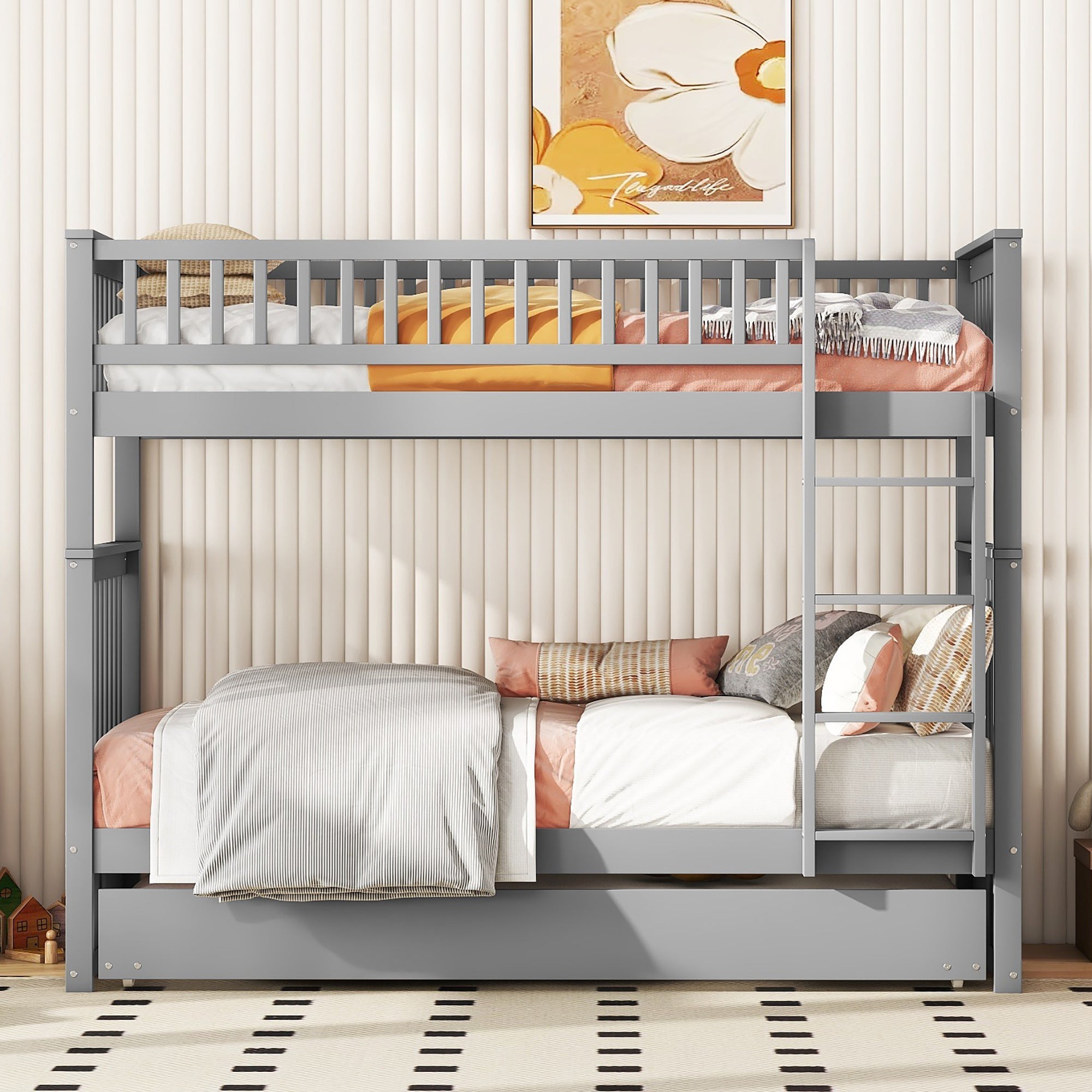 Logidon stapelbed 90x200cm grijs driepersoonsbed met uitschuifbaar bed en trap