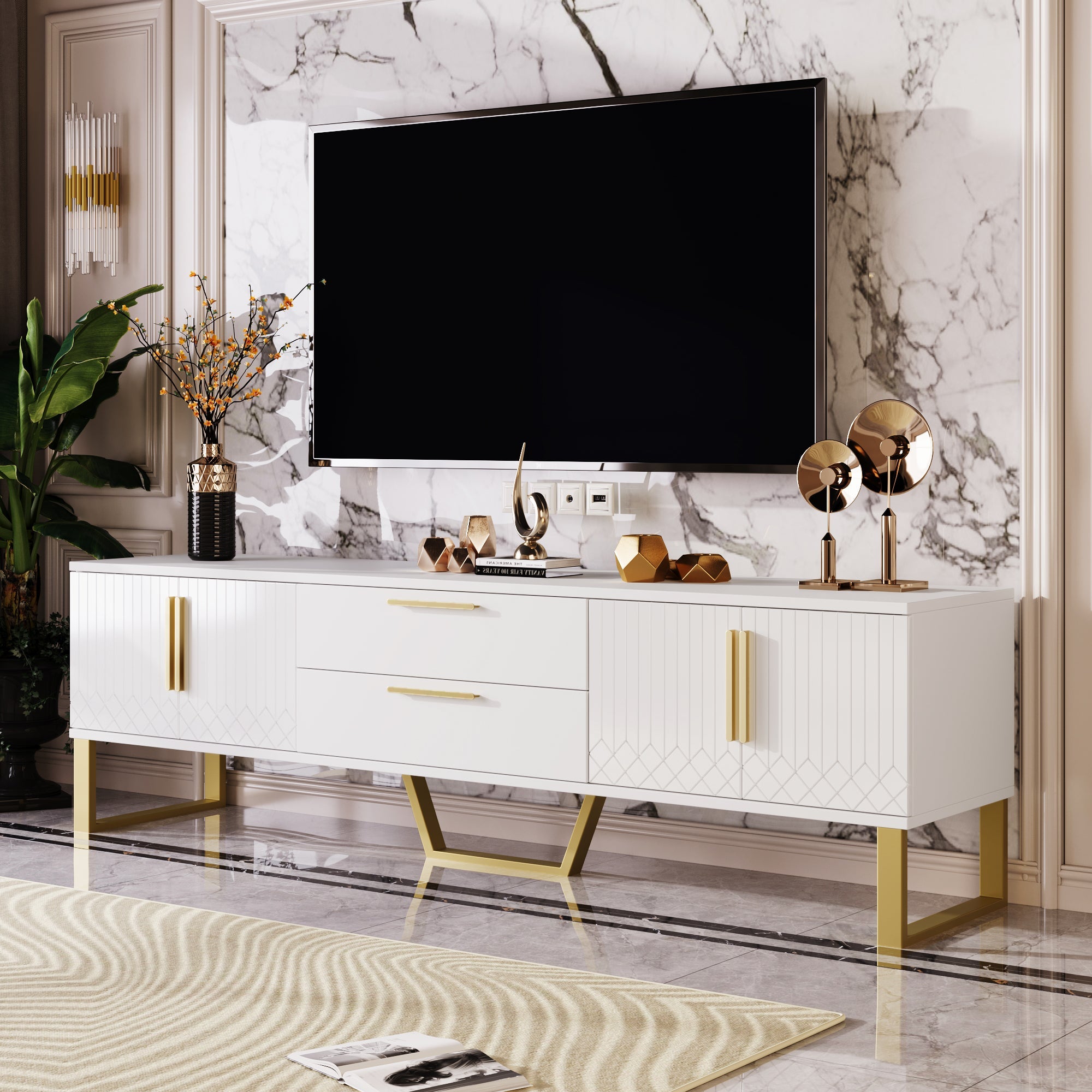 Logidon High Gloss TV Cabinet White With Gold Handles