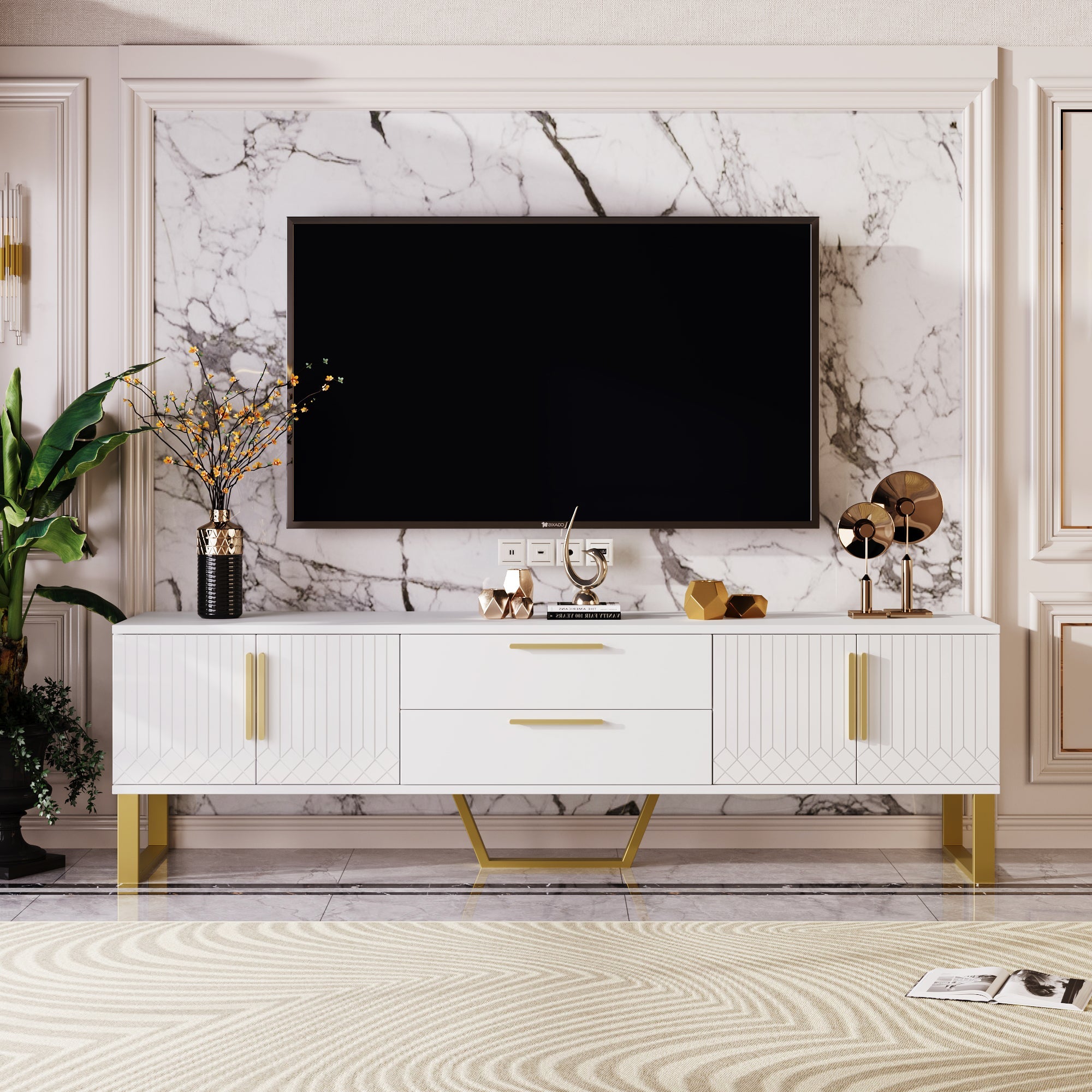 Logidon Hoogglans TV-meubel Wit met Gouden Handgrepen