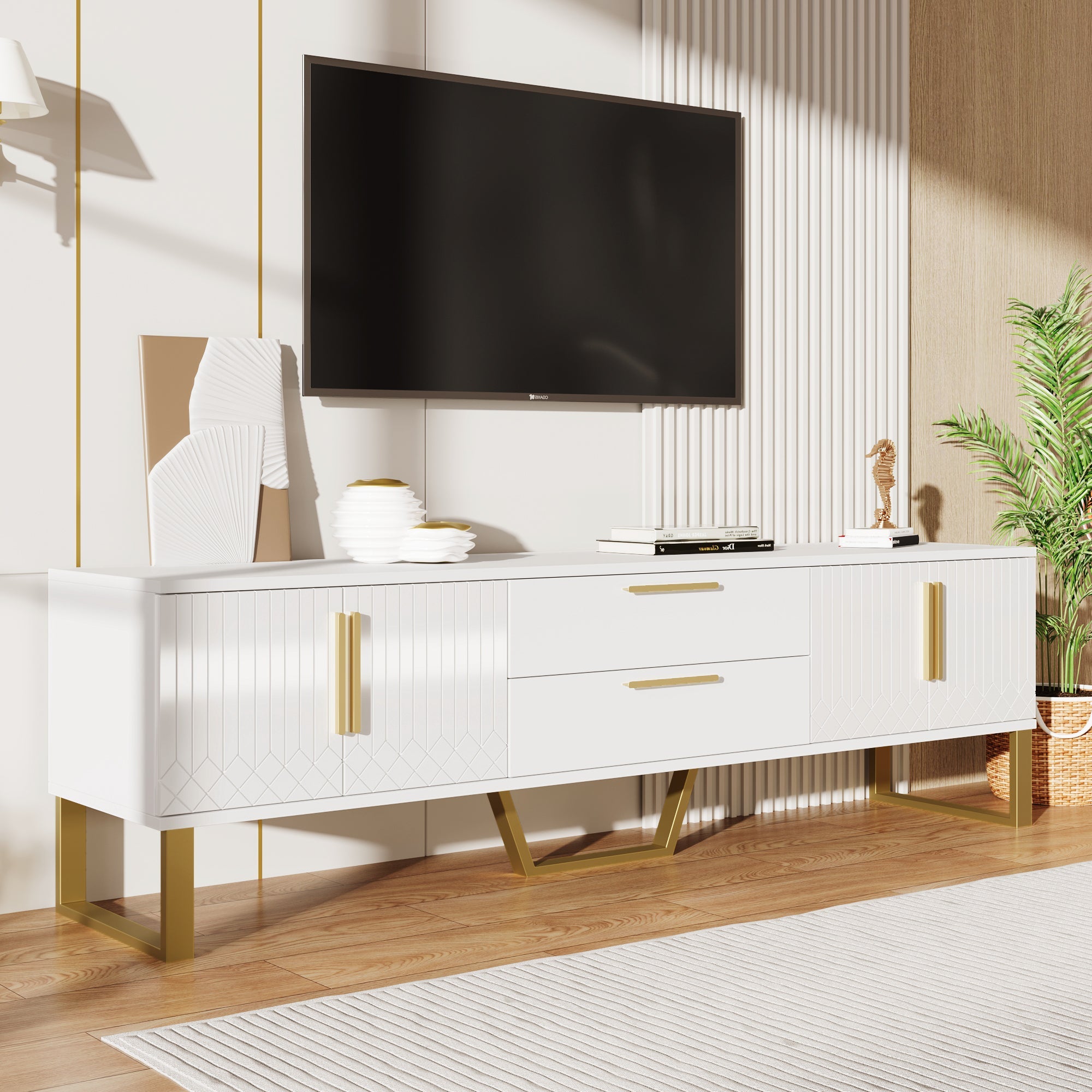 Logidon High Gloss TV Cabinet White With Gold Handles