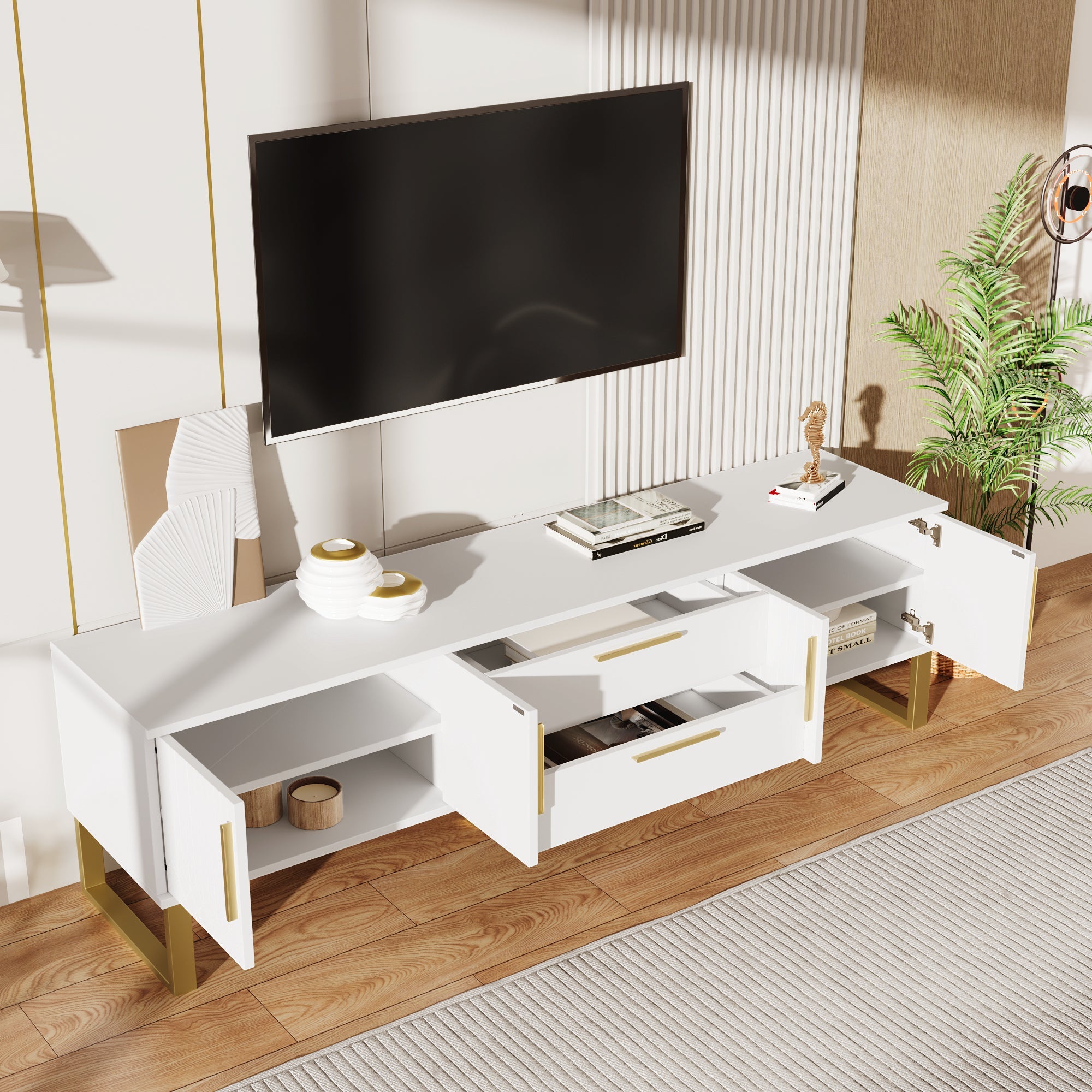 Logidon High Gloss TV Cabinet White With Gold Handles