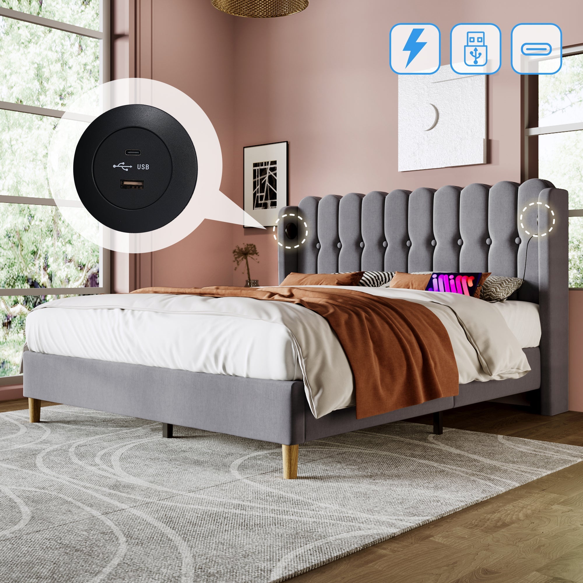 Logidon upholstered bed double bed 160x200 gray with USB Type C charging function