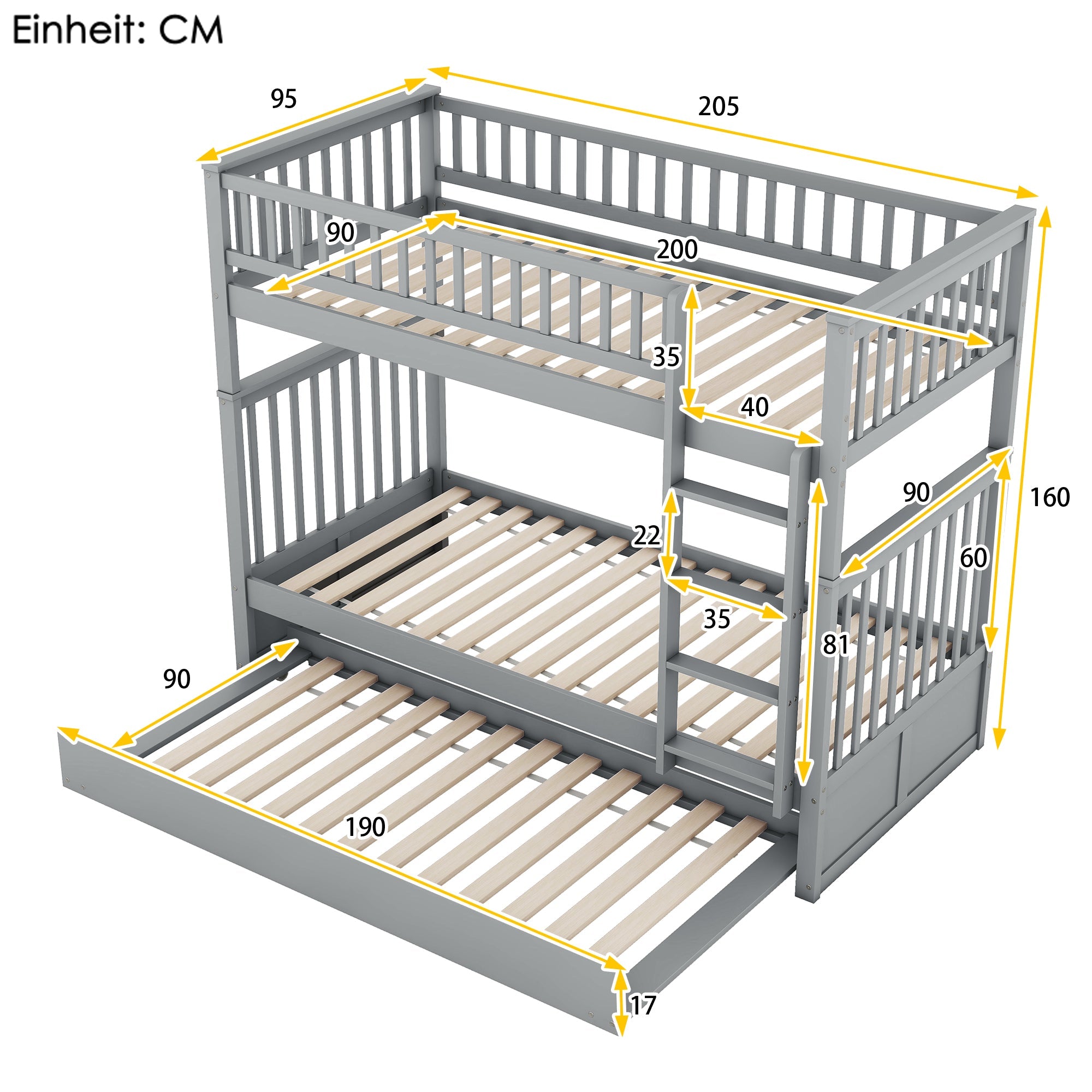 Logidon stapelbed 90x200cm grijs driepersoonsbed met uitschuifbaar bed en trap