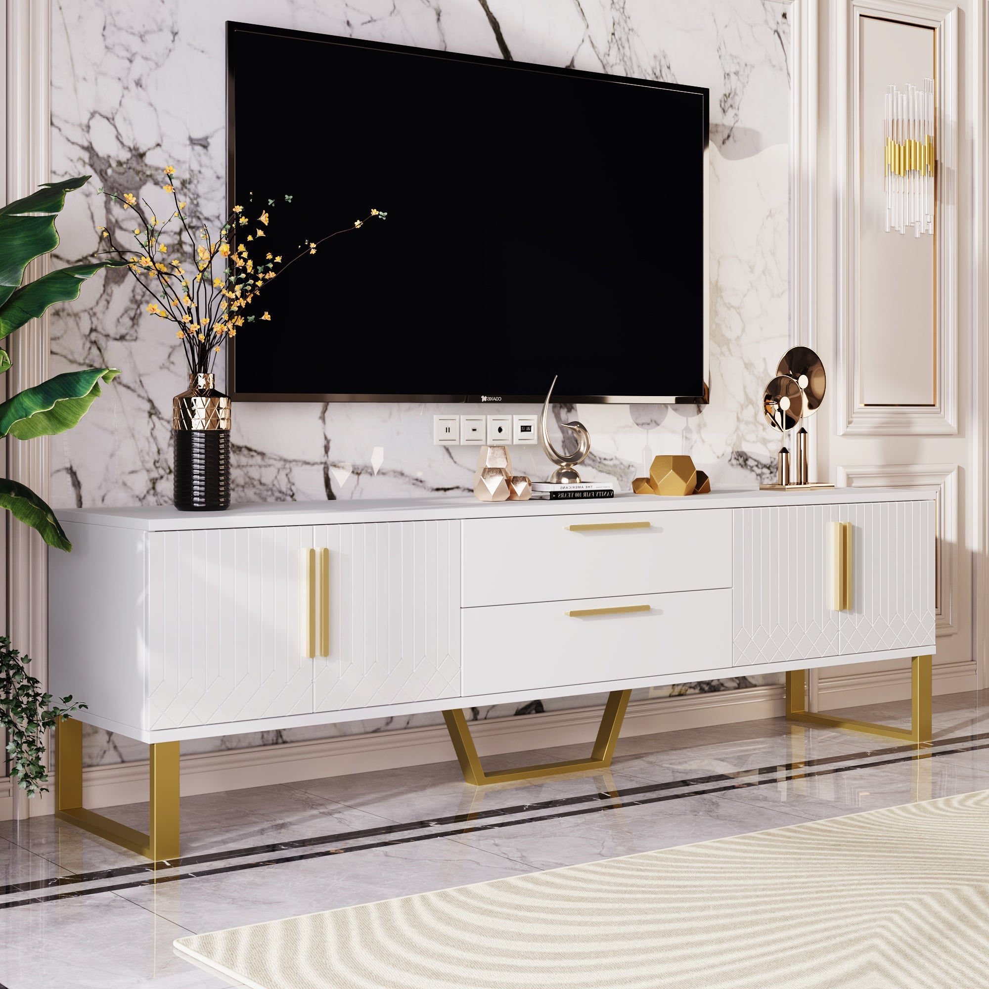 Logidon High Gloss TV Cabinet White With Gold Handles