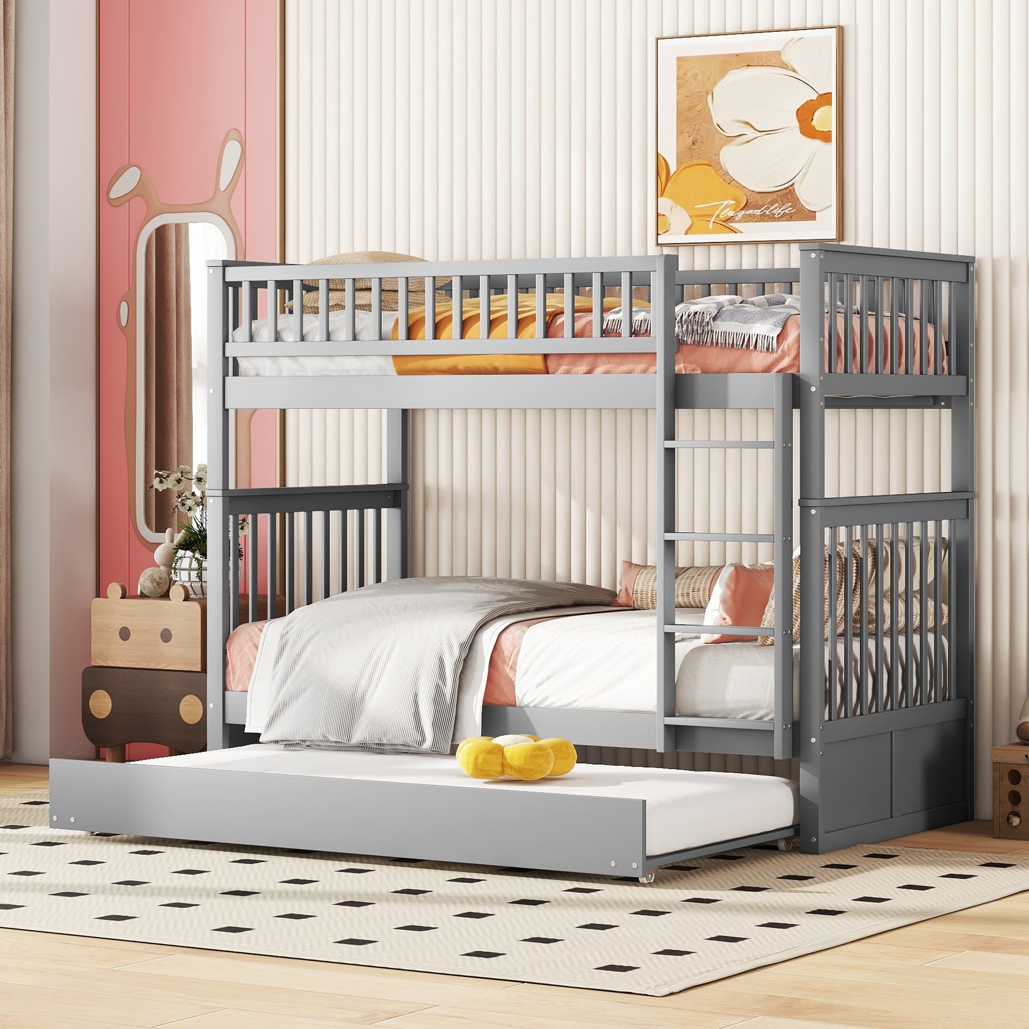 Logidon stapelbed 90x200cm grijs driepersoonsbed met uitschuifbaar bed en trap