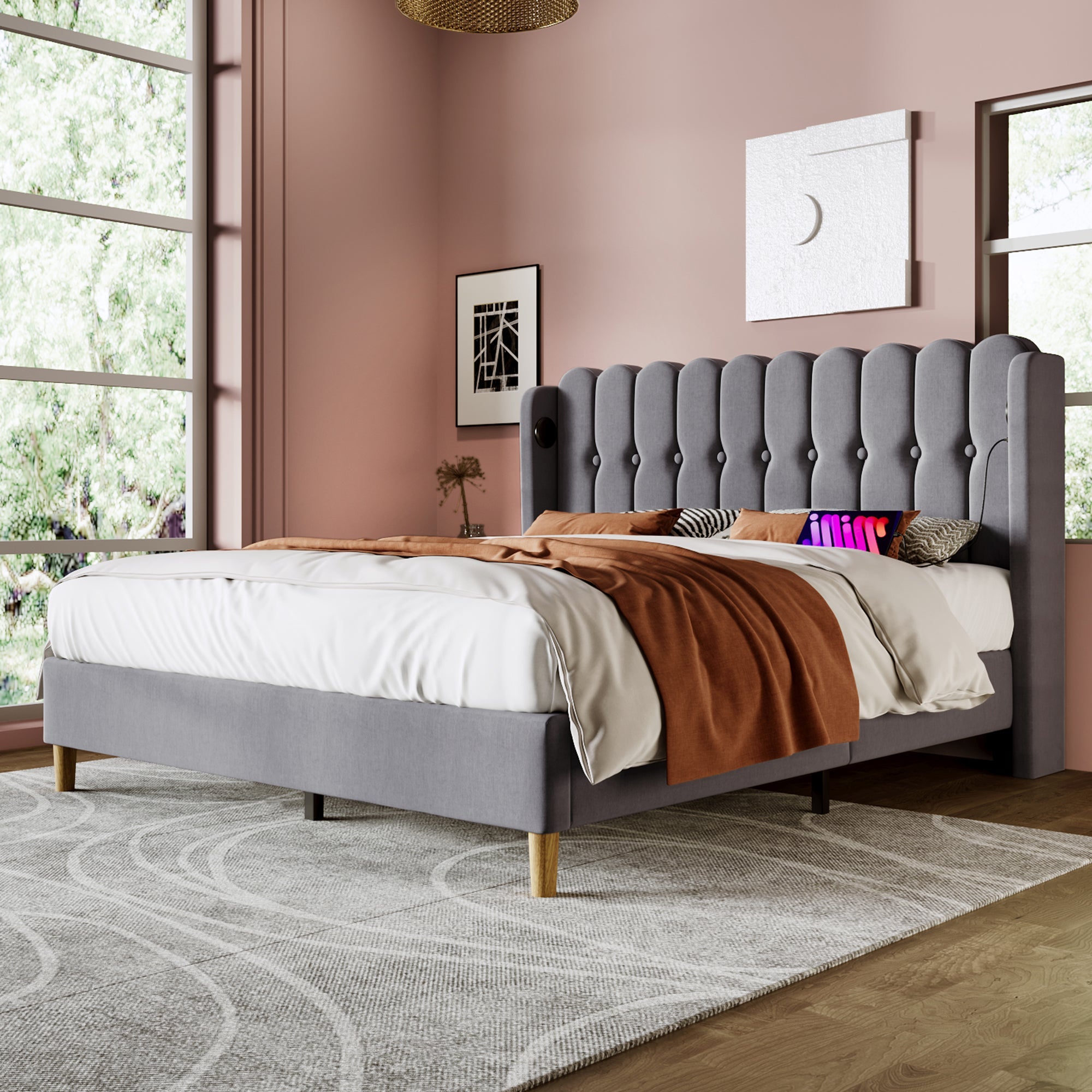 Logidon upholstered bed double bed 160x200 gray with USB Type C charging function
