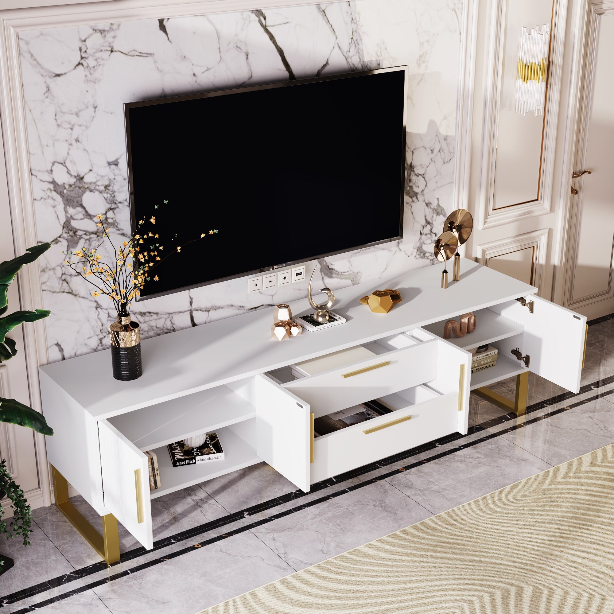 Logidon High Gloss TV Cabinet White With Gold Handles