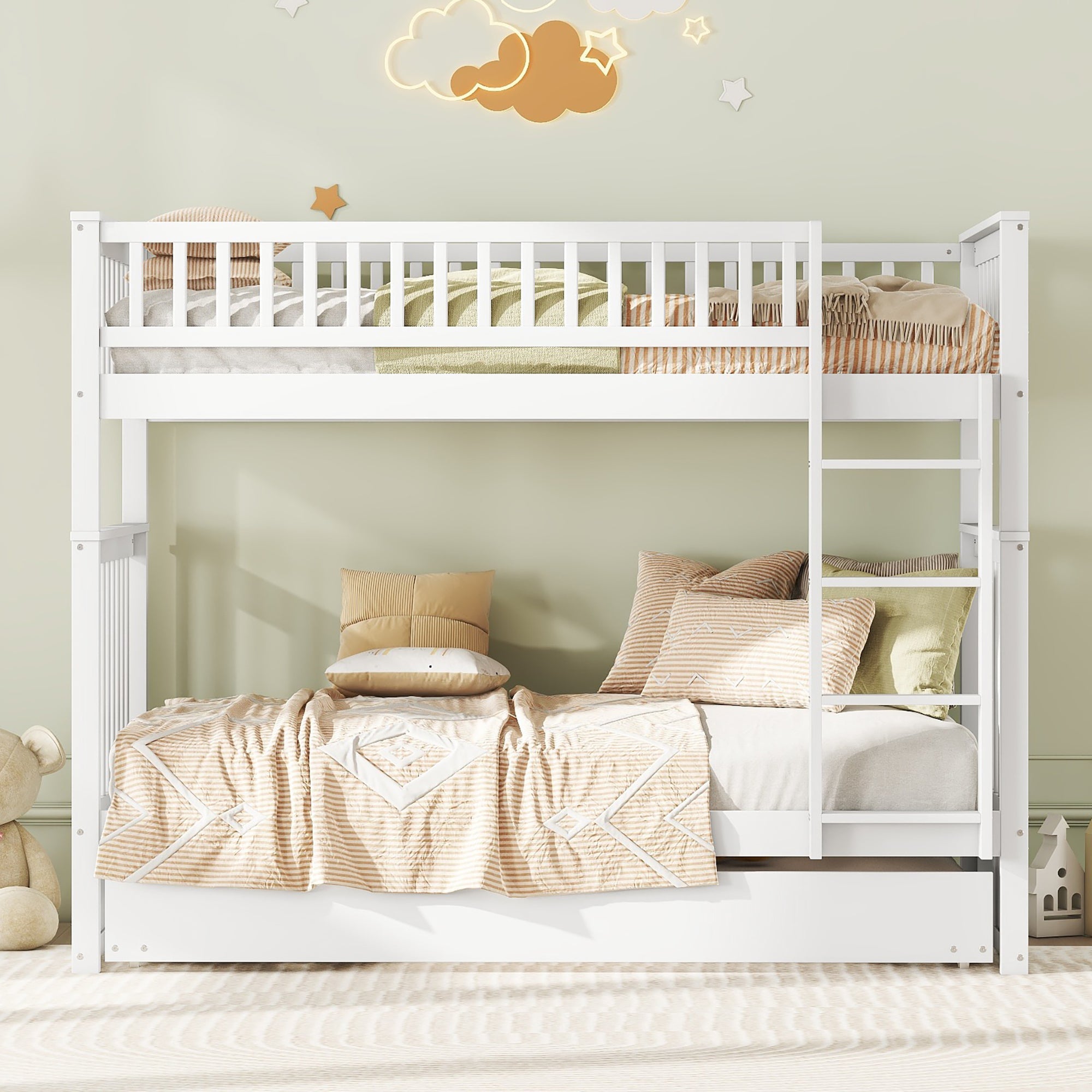 Logidon stapelbed driepersoonsbedden 90x200 cm wit met uitschuifbaar bed