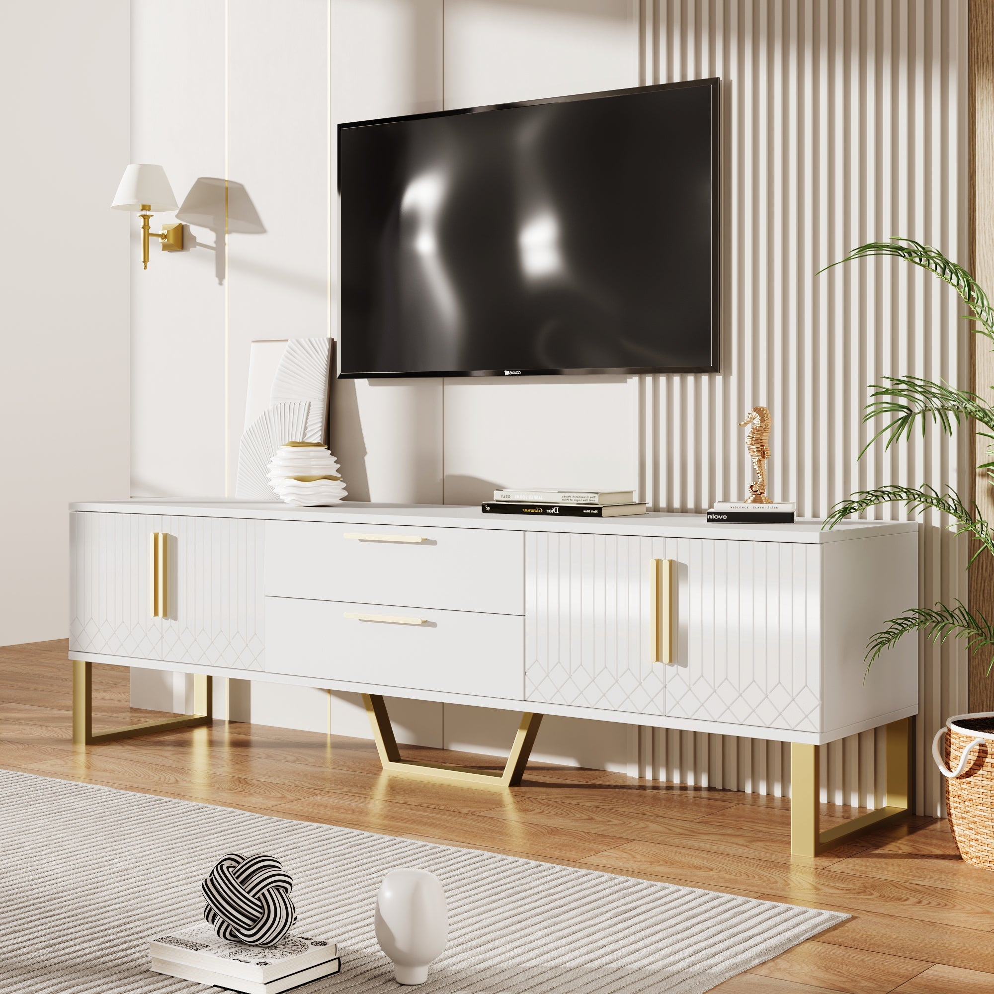 Logidon High Gloss TV Cabinet White With Gold Handles