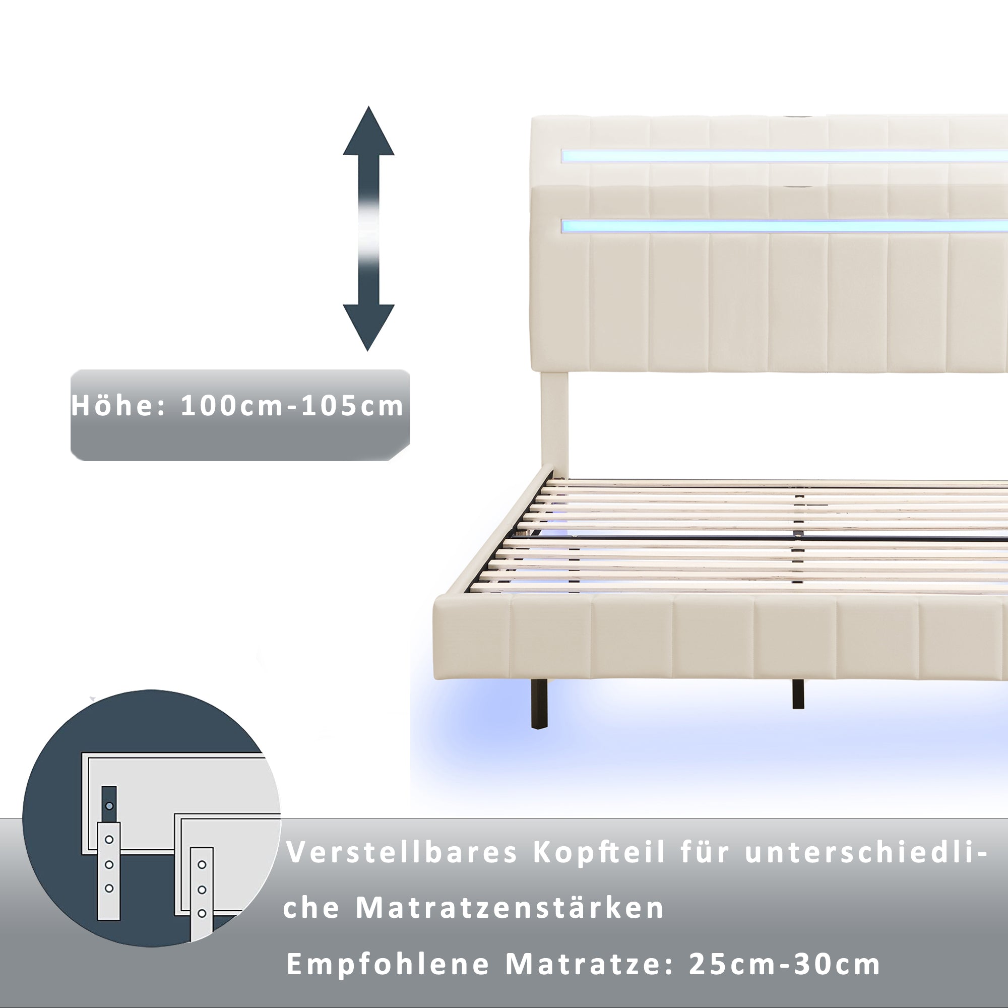 Logidon gestoffeerd bed 140 x 200 cm met LED hoofdbord design beige