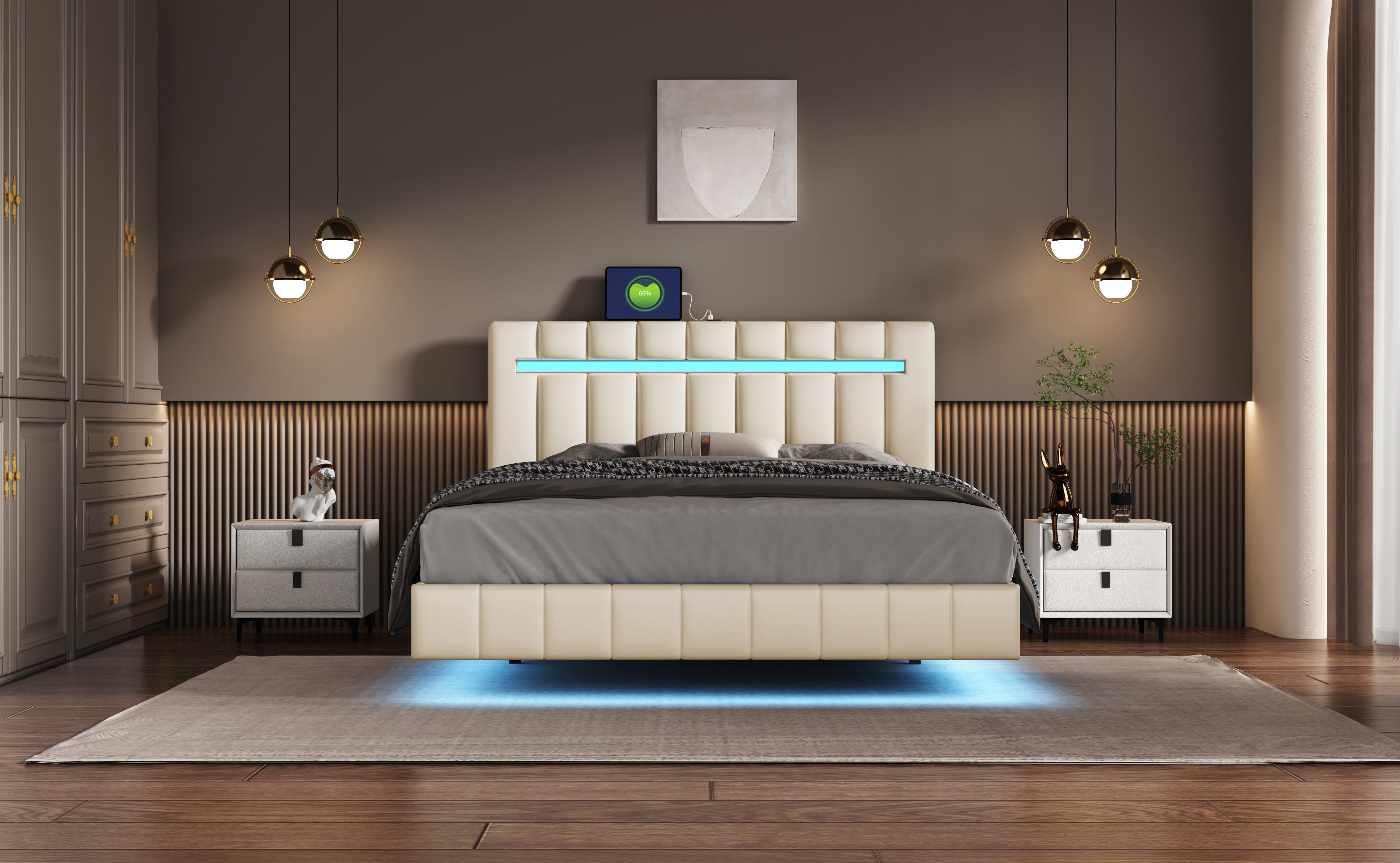 Logidon gestoffeerd bed 140 x 200 cm met LED hoofdbord design beige