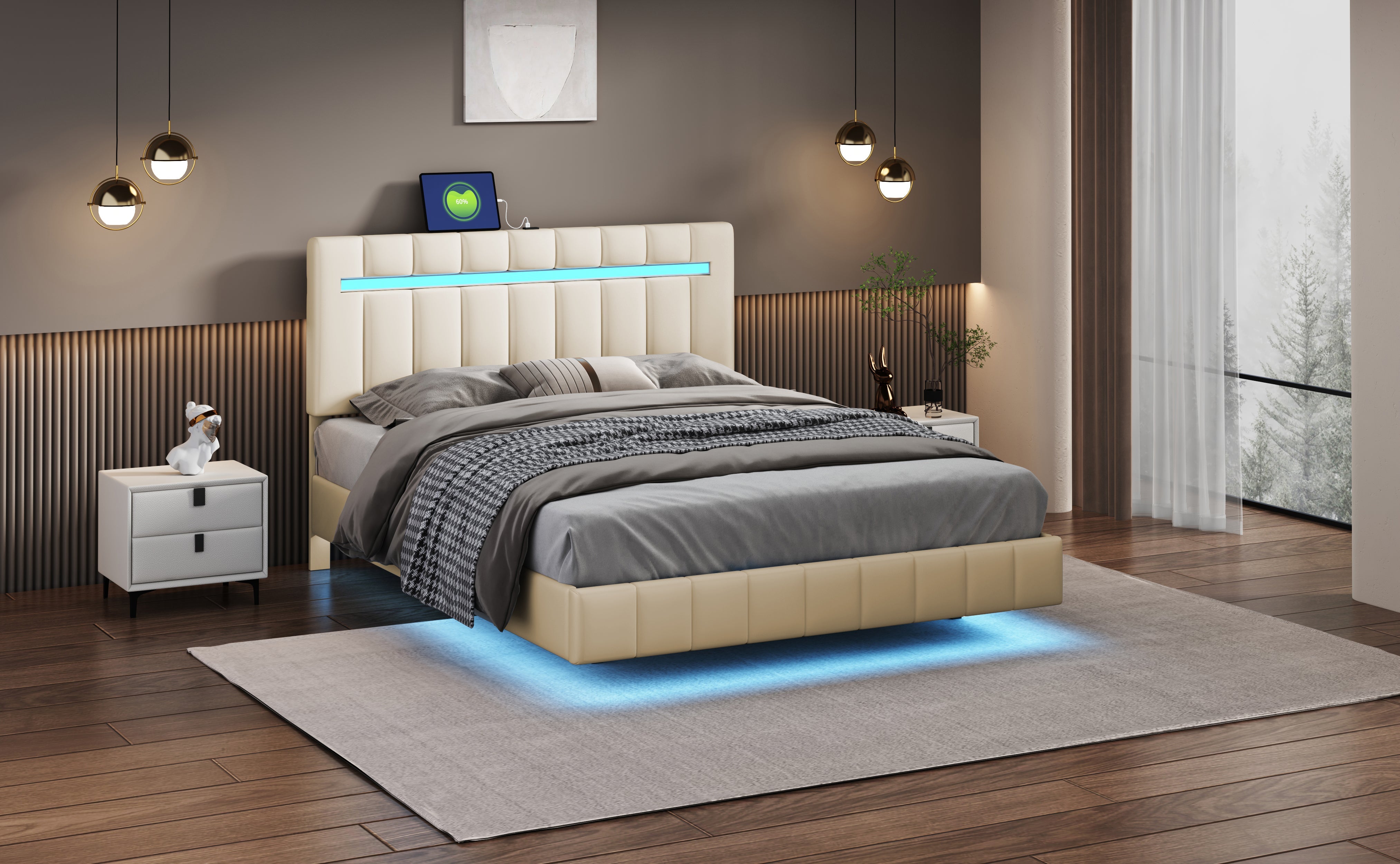 Logidon gestoffeerd bed 140 x 200 cm met LED hoofdbord design beige