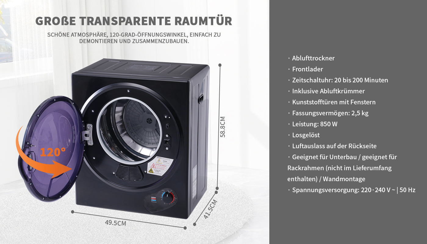 Logidon Mini Droger 2,5 kg Zwart Wandmontage met 200 Min Timer