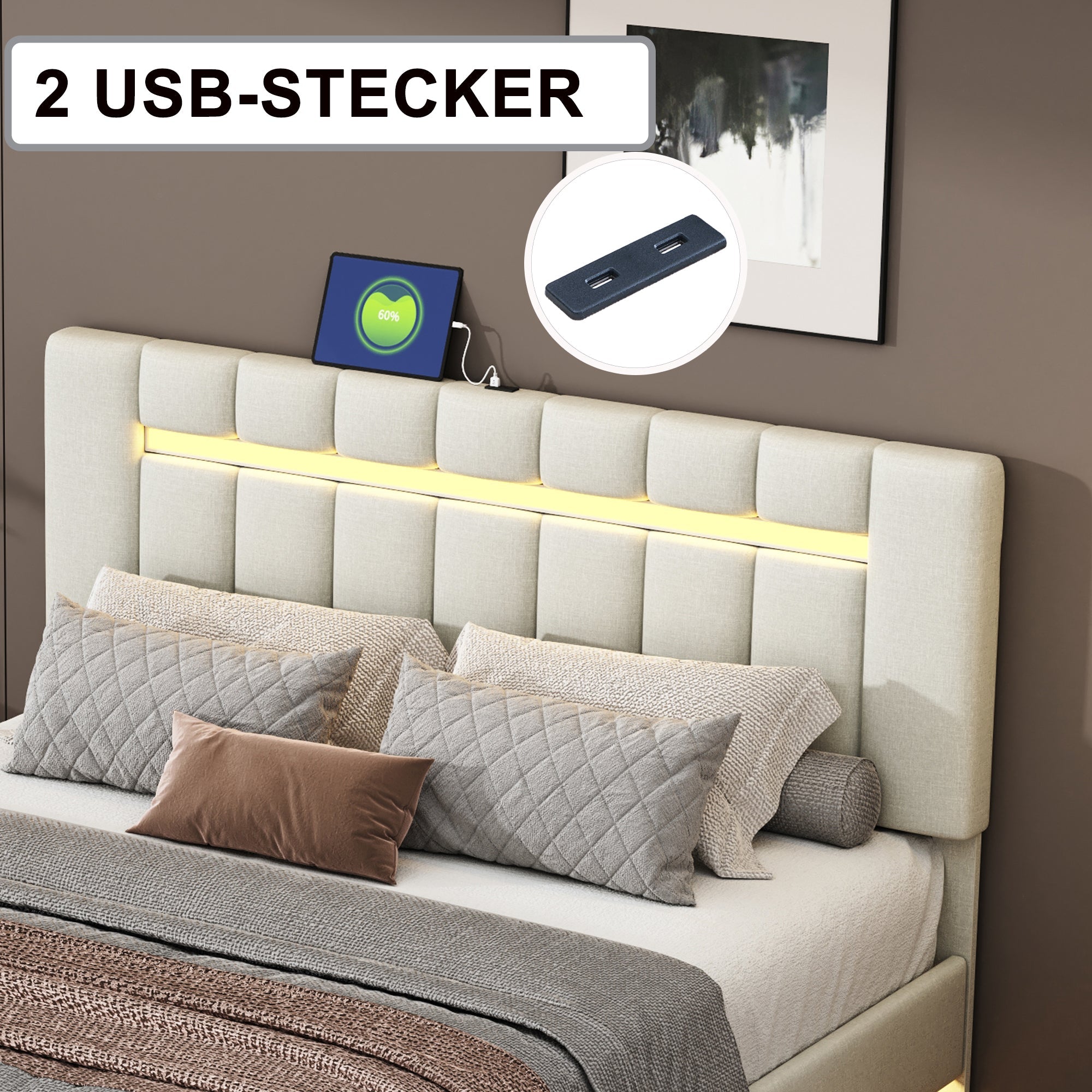 Logidon gestoffeerd bed 140 x 200 cm met LED hoofdbord design beige