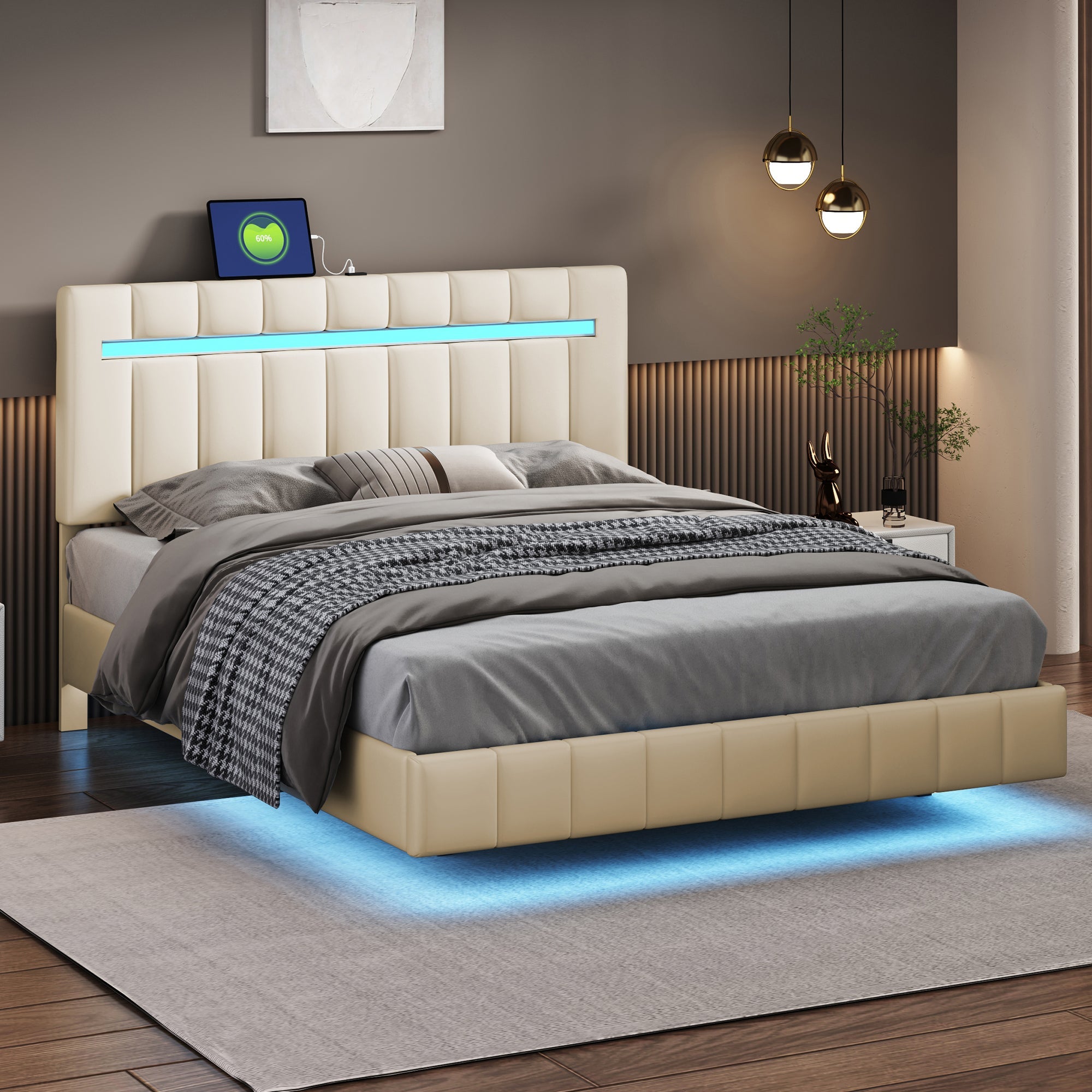 Logidon gestoffeerd bed 140 x 200 cm met LED hoofdbord design beige