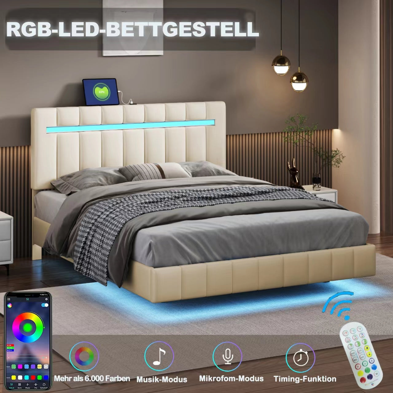Logidon gestoffeerd bed 140 x 200 cm met LED hoofdbord design beige