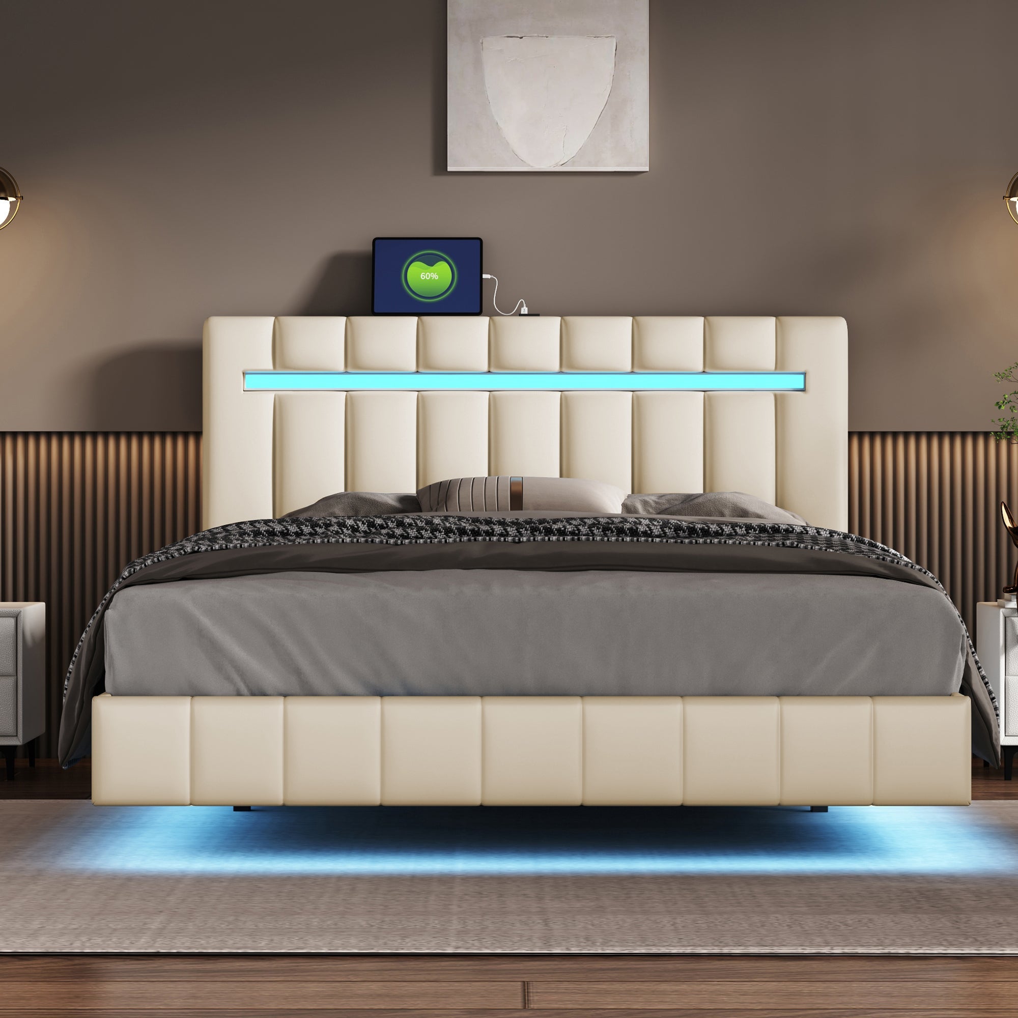 Logidon gestoffeerd bed 140 x 200 cm met LED hoofdbord design beige