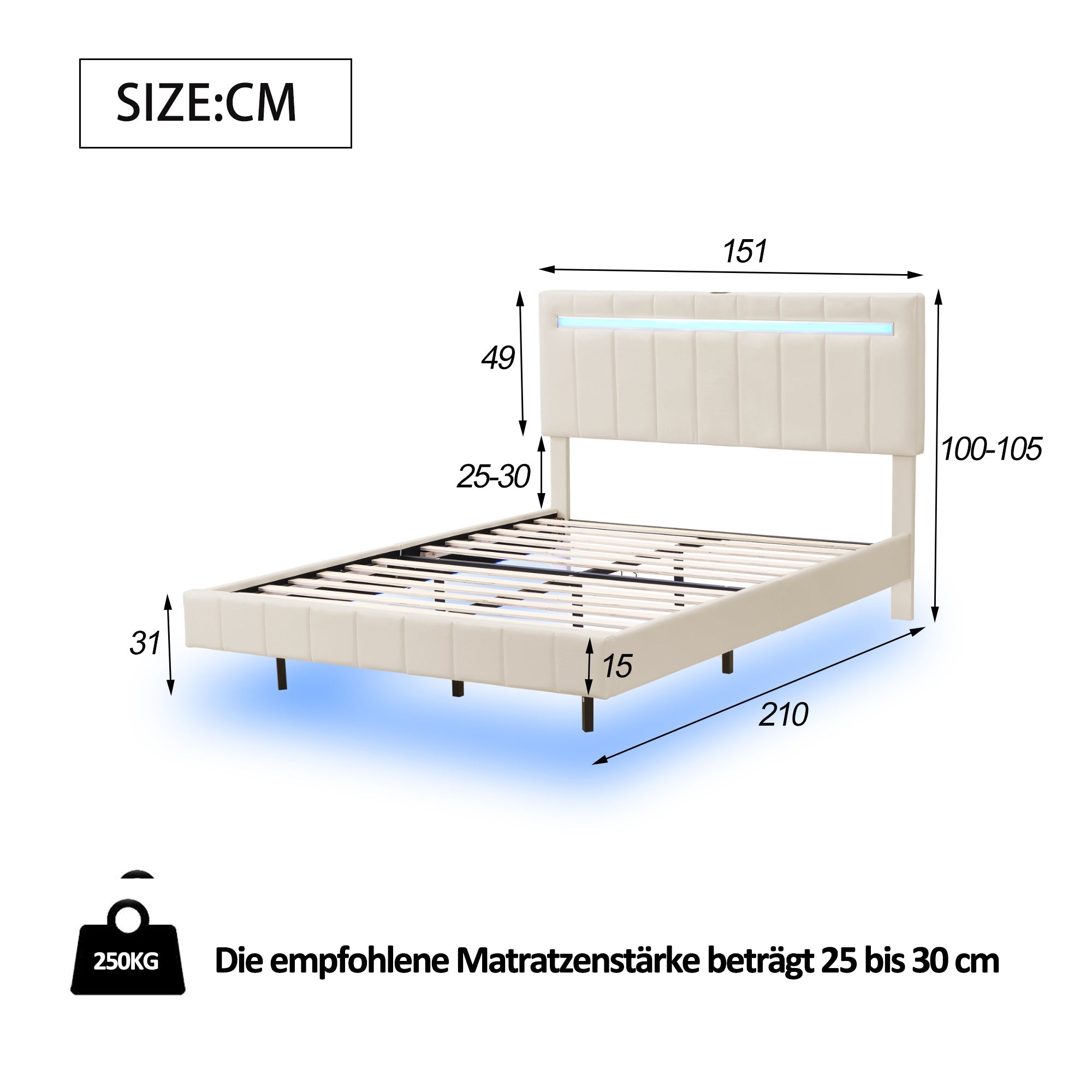 Logidon gestoffeerd bed 140 x 200 cm met LED hoofdbord design beige