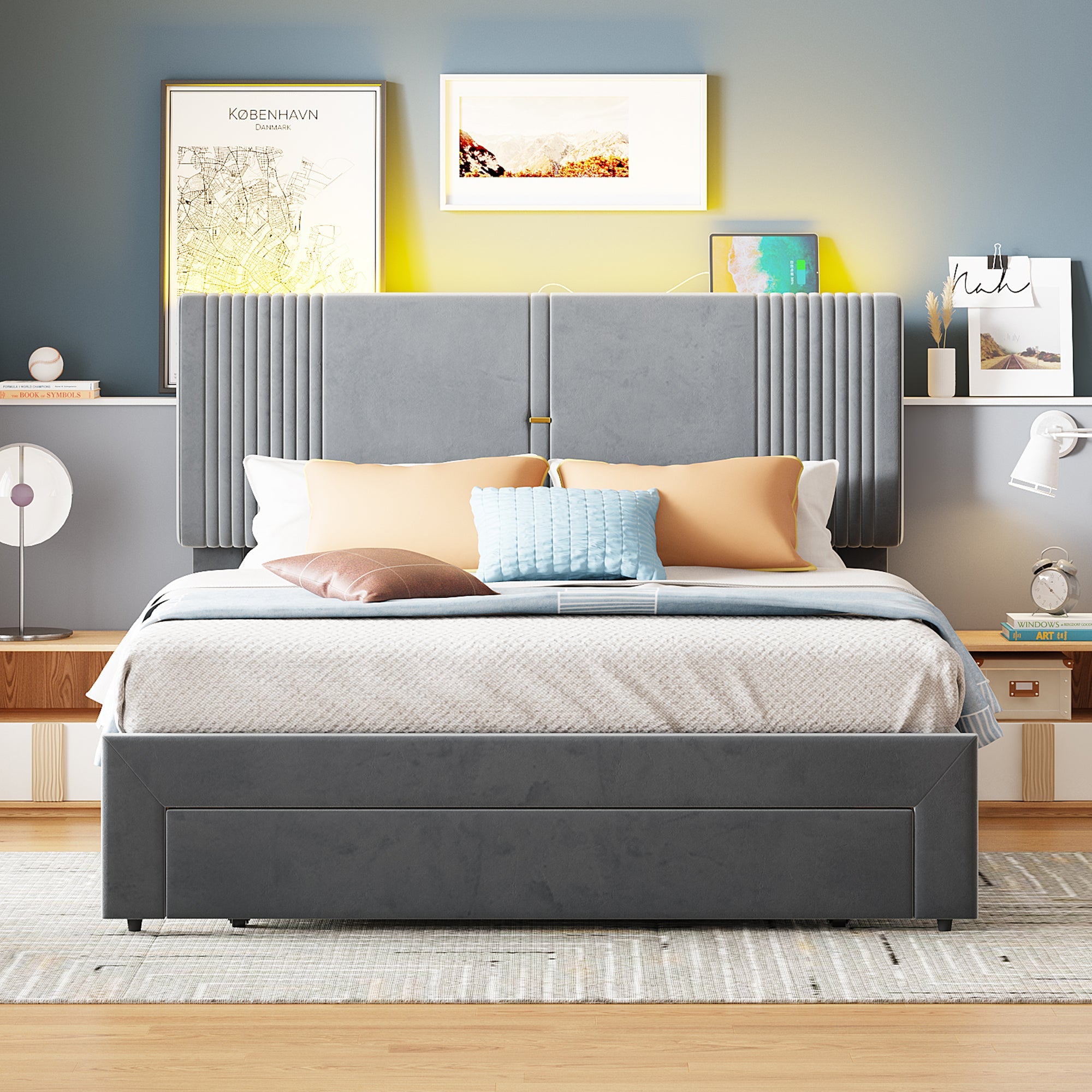 Logidon gestoffeerd bed 140x200 cm met LED lichtstrip USB aansluiting grijs