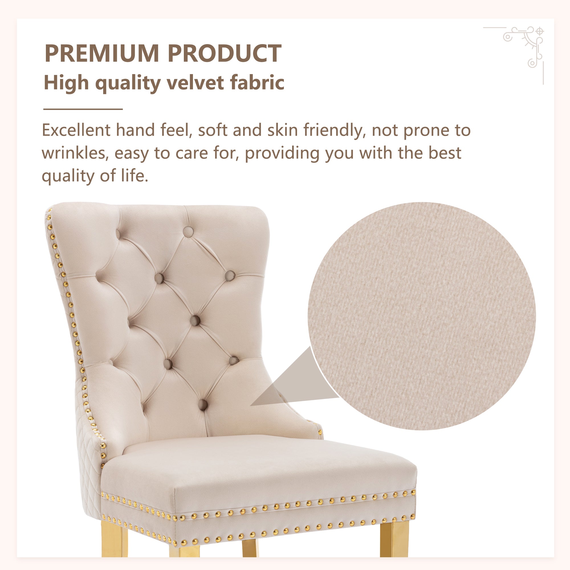 Logidon Dining Chair Set of 4 Beige Velvet Door Knocker Gold Steel Legs