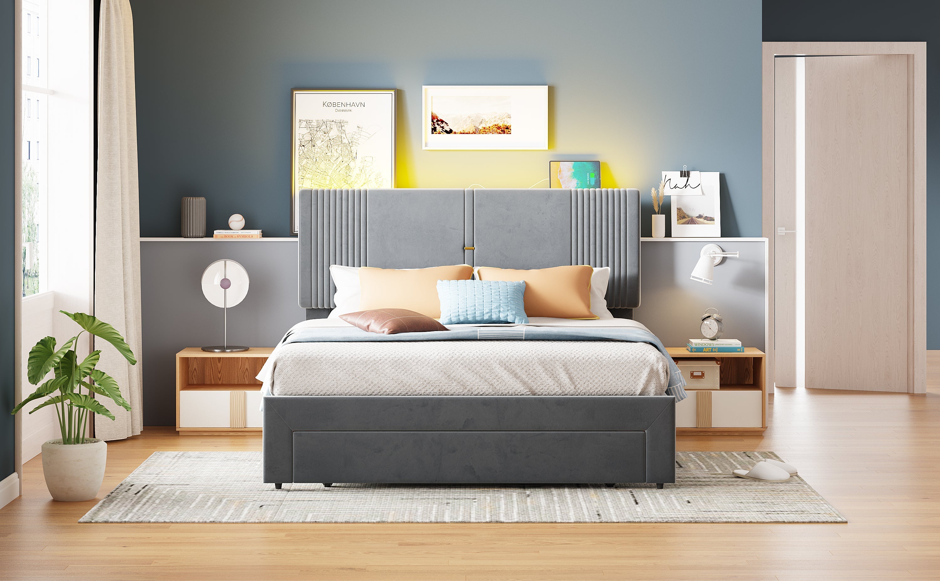 Logidon gestoffeerd bed 140x200 cm met LED lichtstrip USB aansluiting grijs