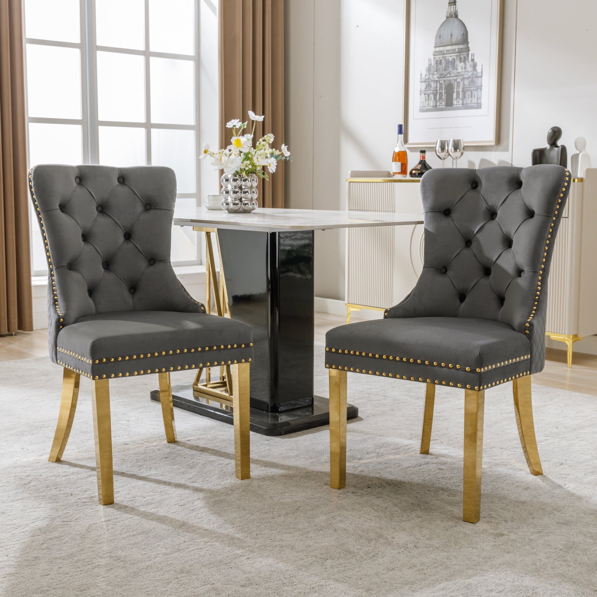 Logidon Dining Chair Velor Gray Nail Head Trim Set of 2