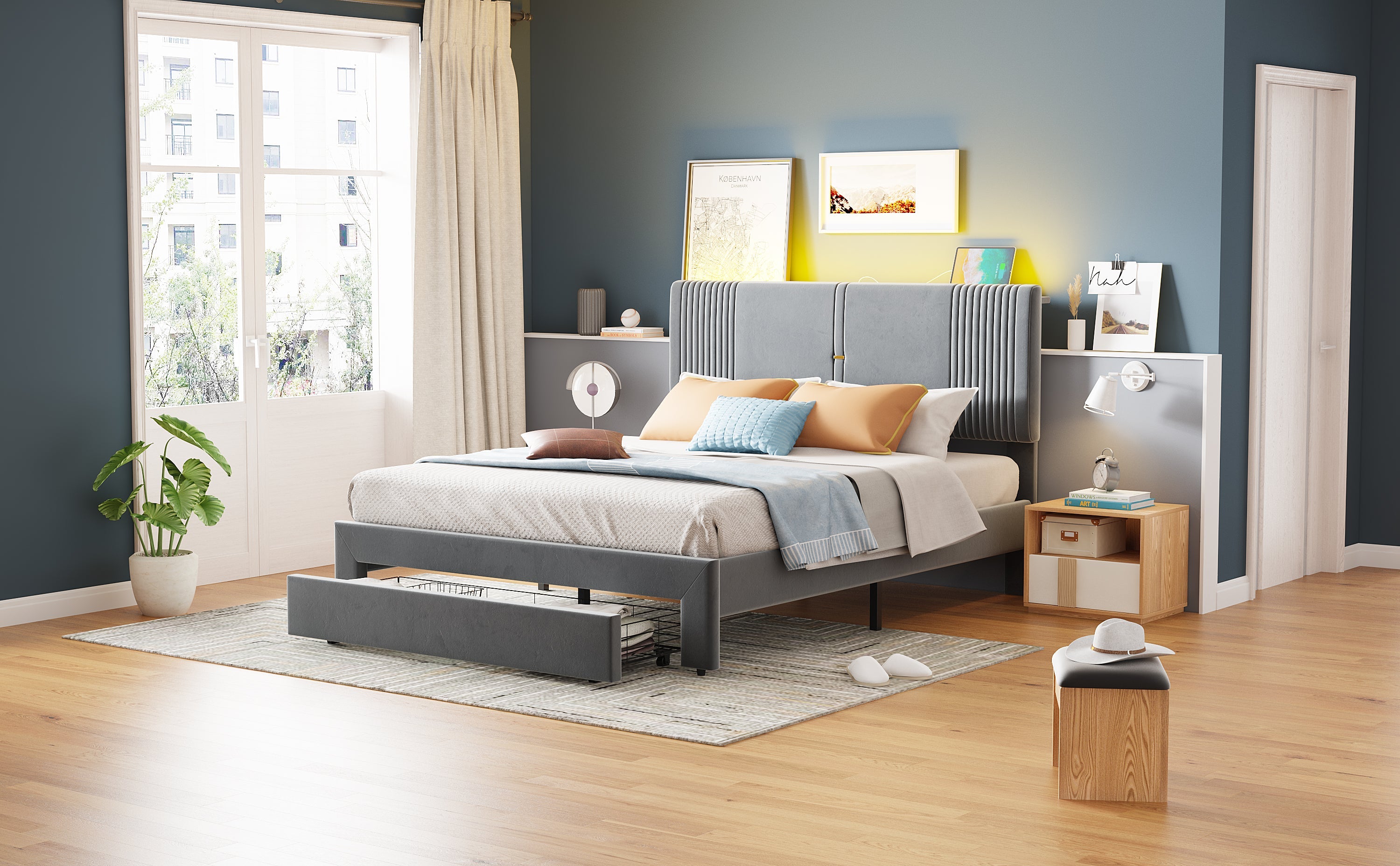 Logidon gestoffeerd bed 140x200 cm met LED lichtstrip USB aansluiting grijs