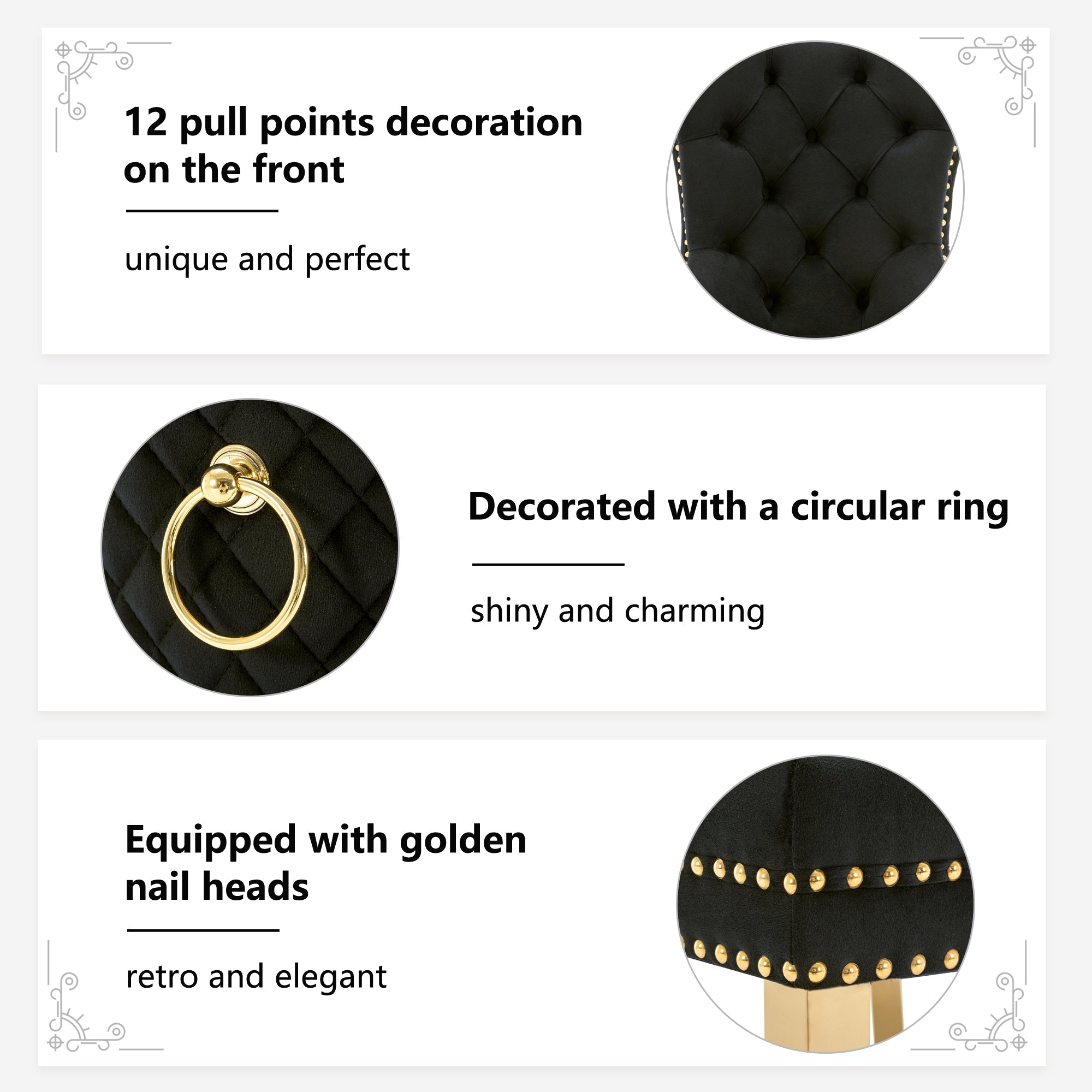 Logidon Dining Chair Set of Two Black Gold Velvet with Nail Head Trim
