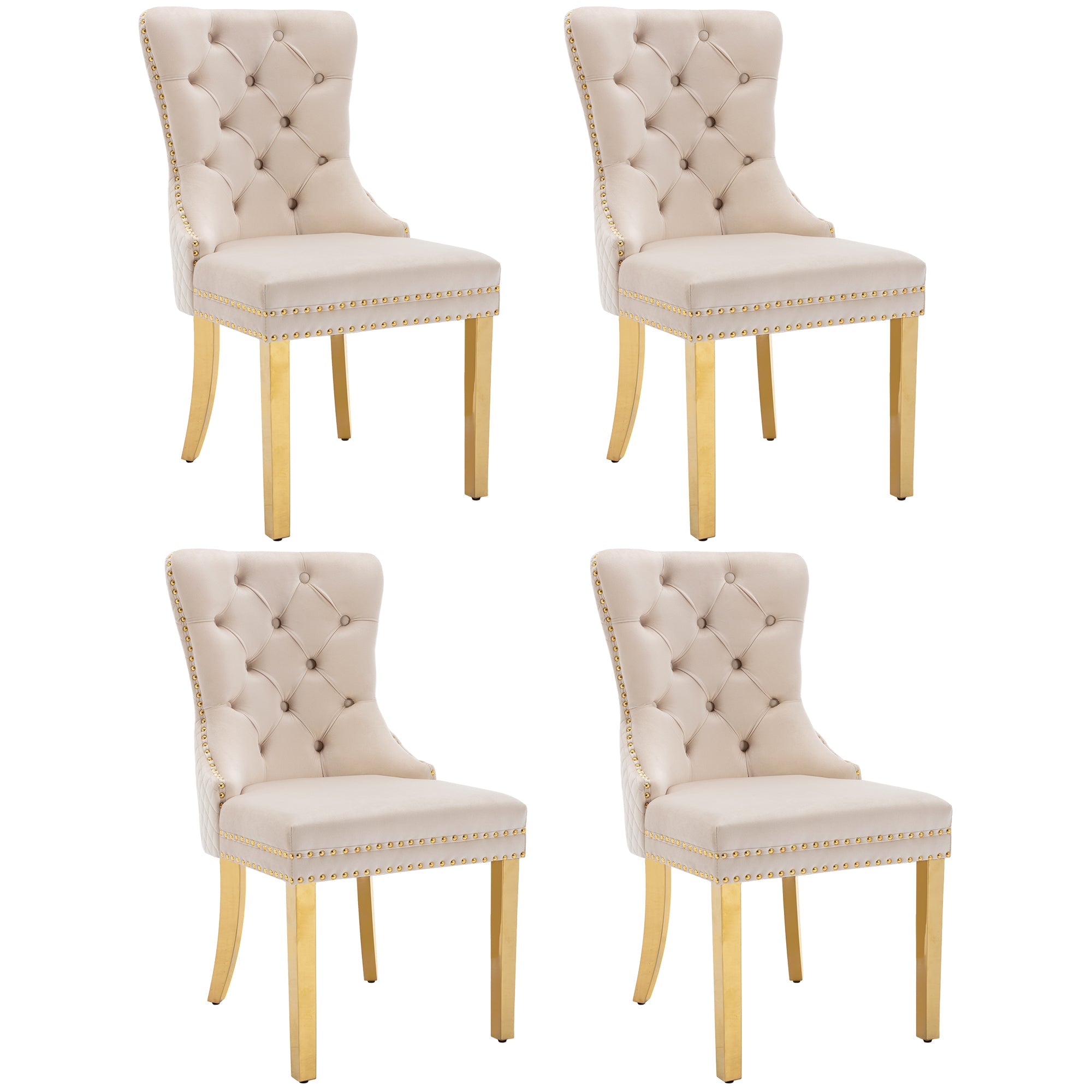 Logidon Dining Chair Set of 4 Beige Velvet Door Knocker Gold Steel Legs