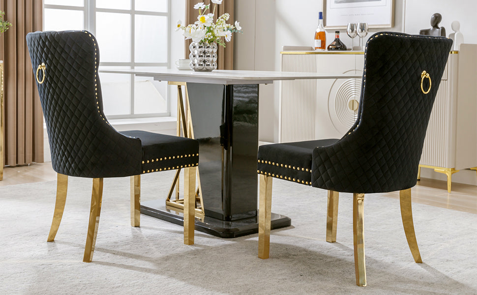 Logidon Dining Chair Set of Two Black Gold Velvet with Nail Head Trim