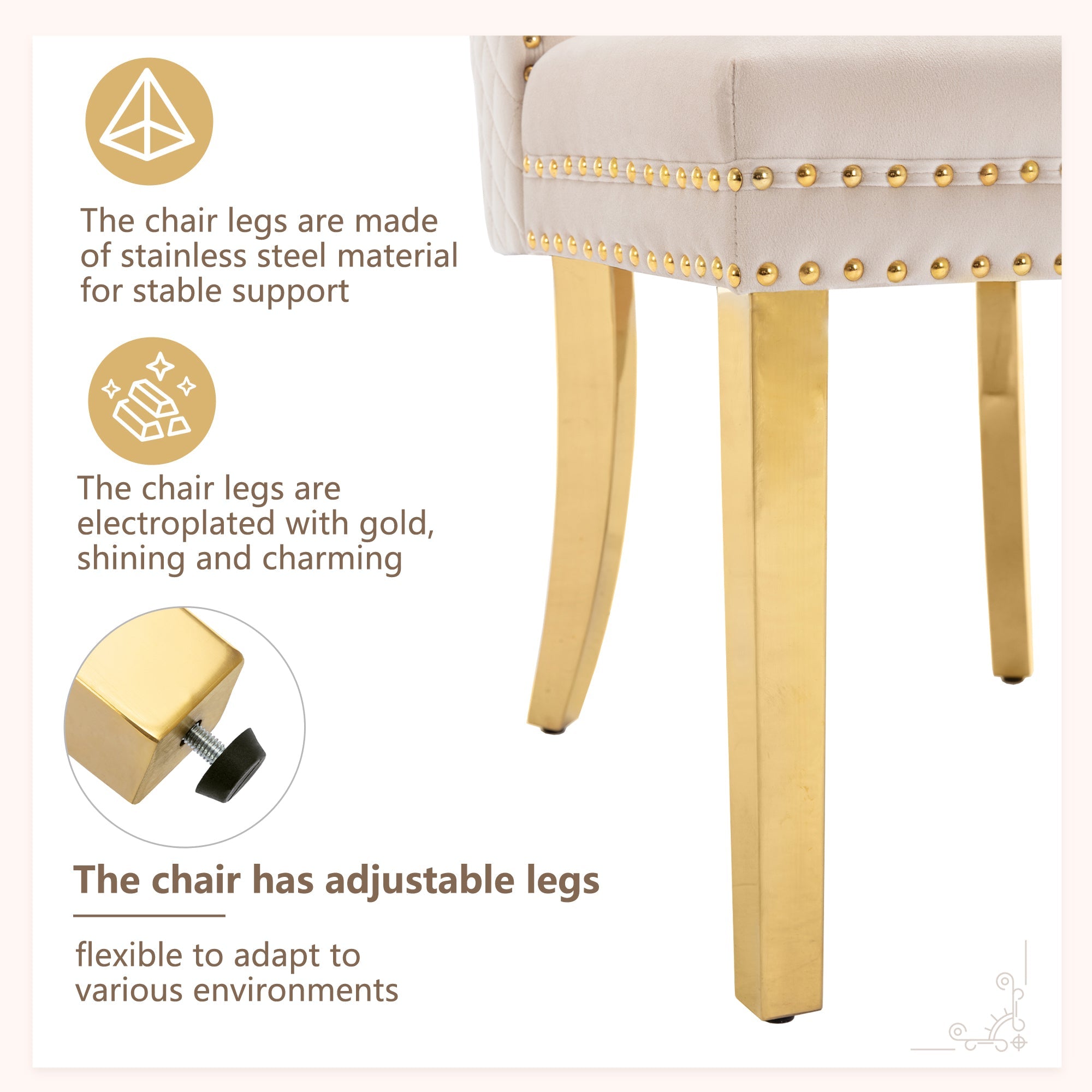 Logidon Eetkamerstoel fluweelbeige goudkleurige spijkerkopversiering set van 2