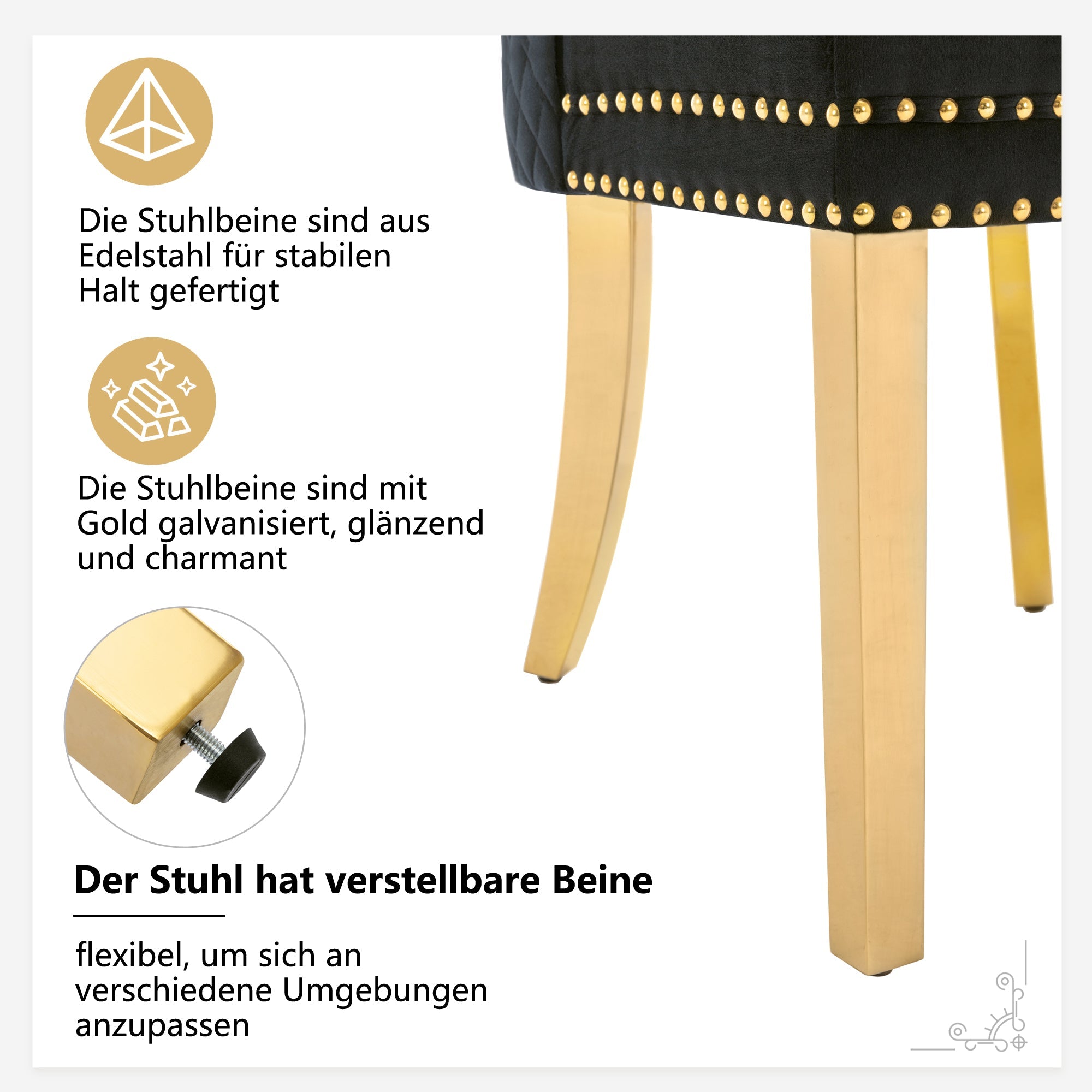 Logidon Eetkamerstoel fluweel zwart goud met spijkerkopversiering set van 6