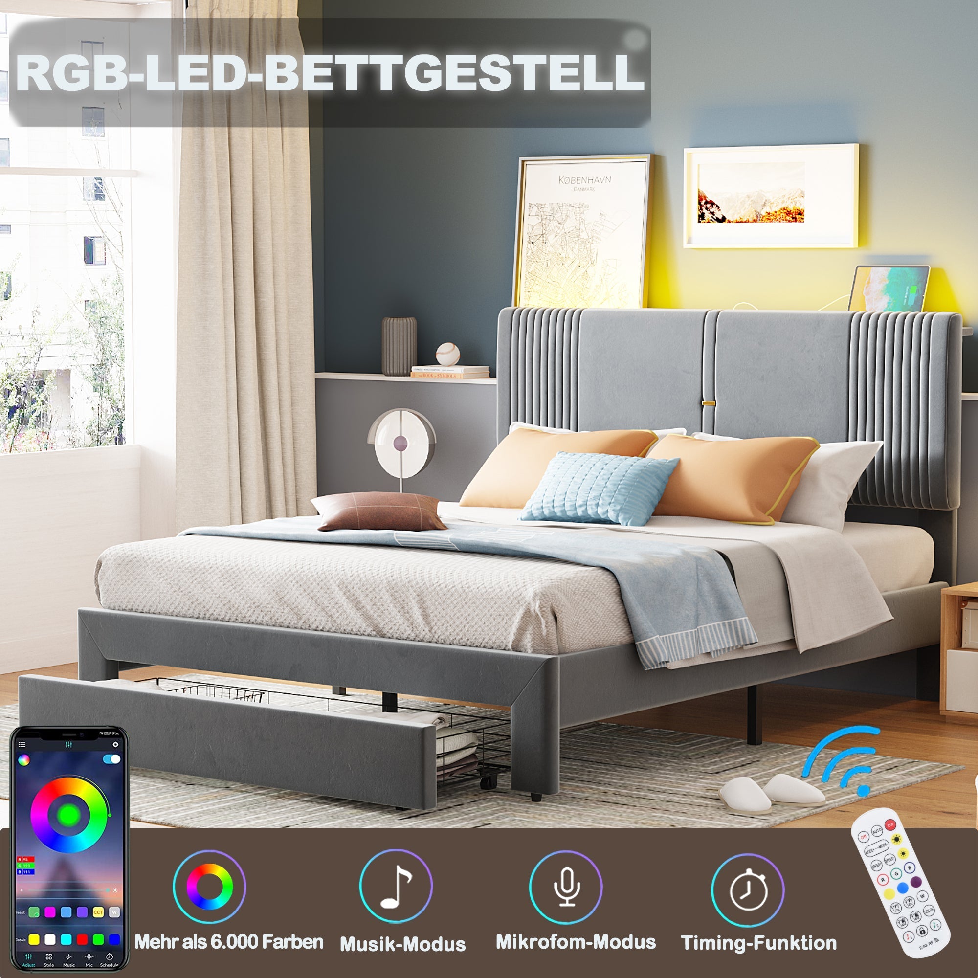 Logidon gestoffeerd bed 140x200 cm met LED lichtstrip USB aansluiting grijs
