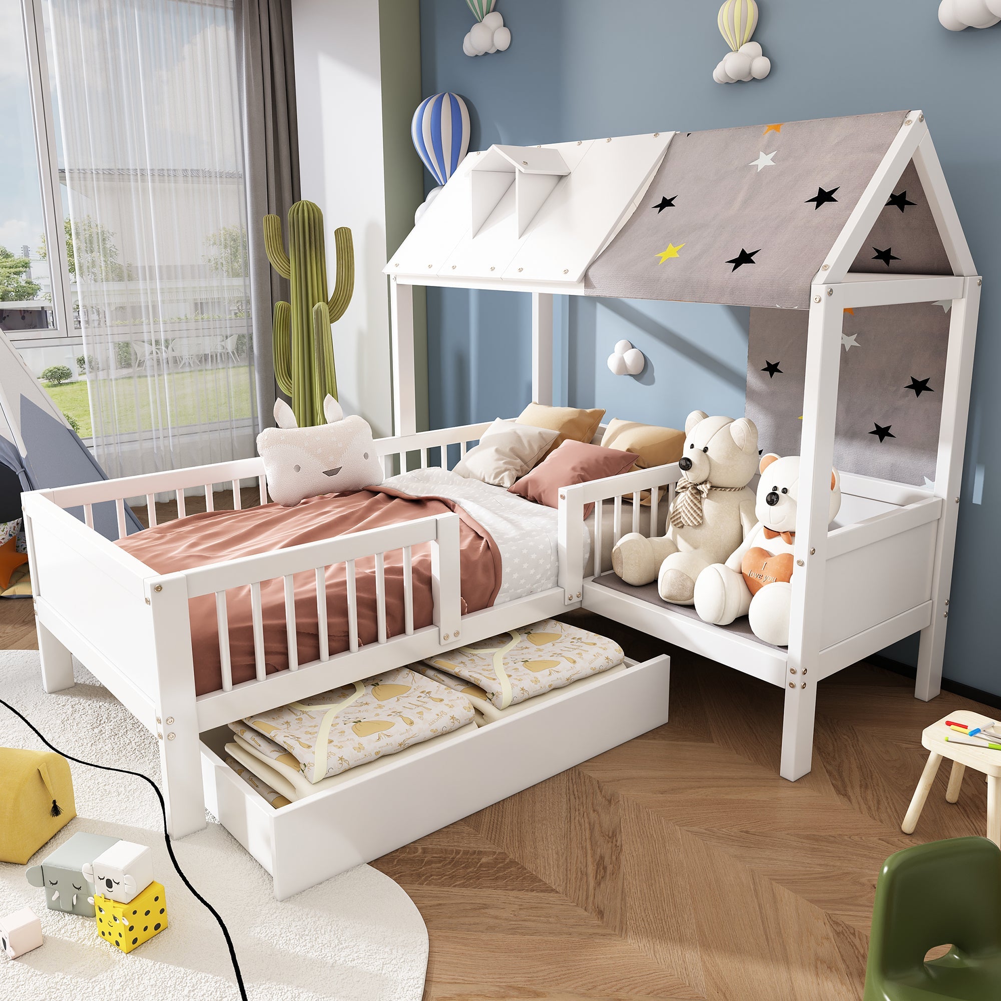 Logidon Huisvormig kinderbed hout 90x200 Witte tentstof Laden