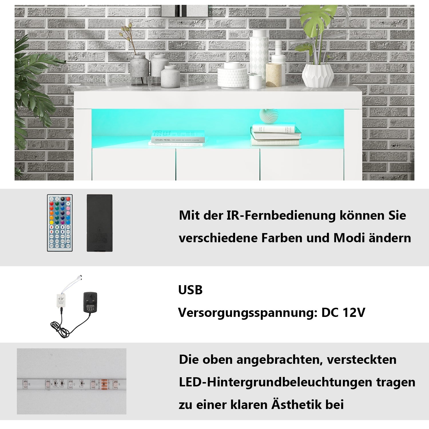 Logidon Hoogglans dressoir wit LED verlichting 130x35x95 cm