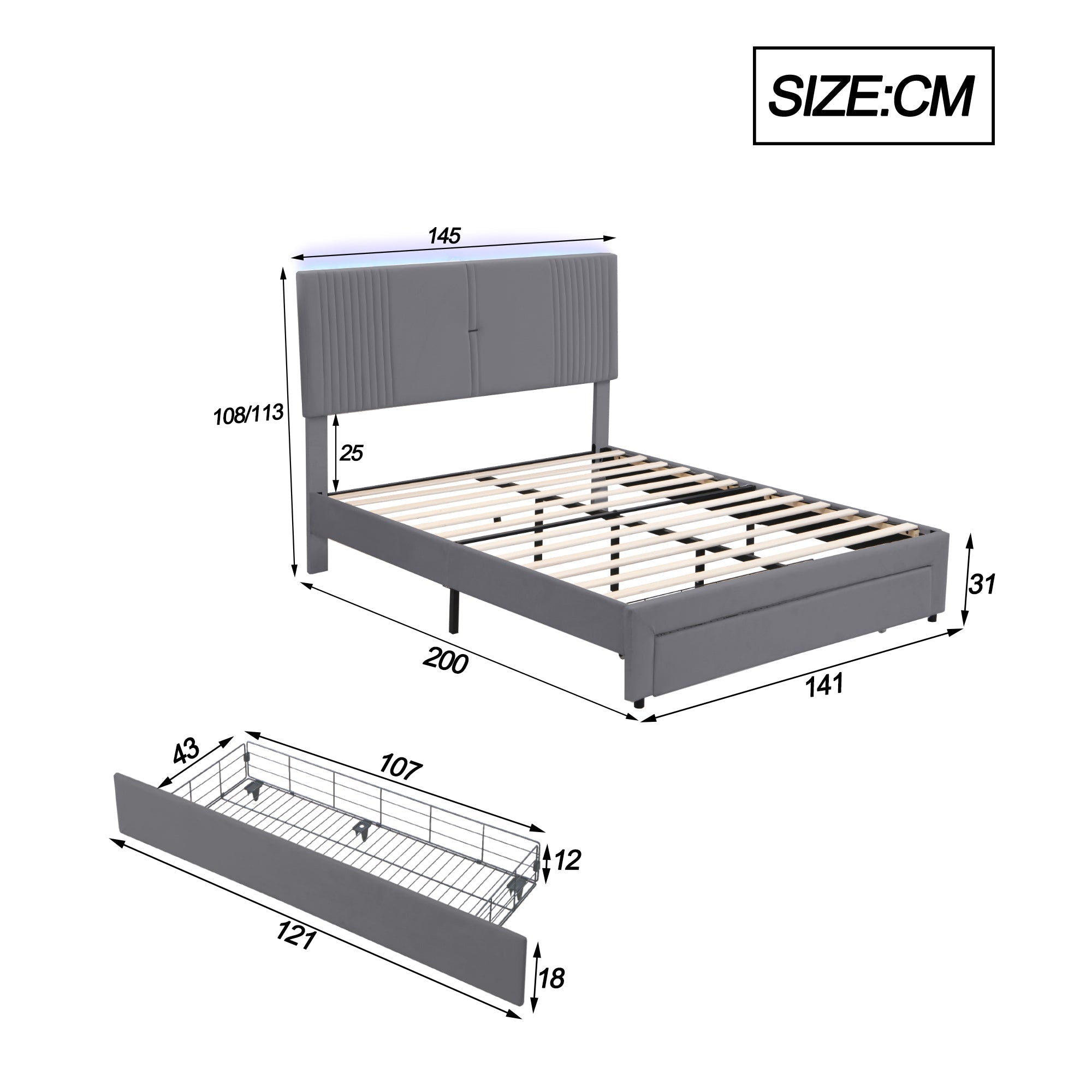 Logidon gestoffeerd bed 140x200 cm met LED lichtstrip USB aansluiting grijs