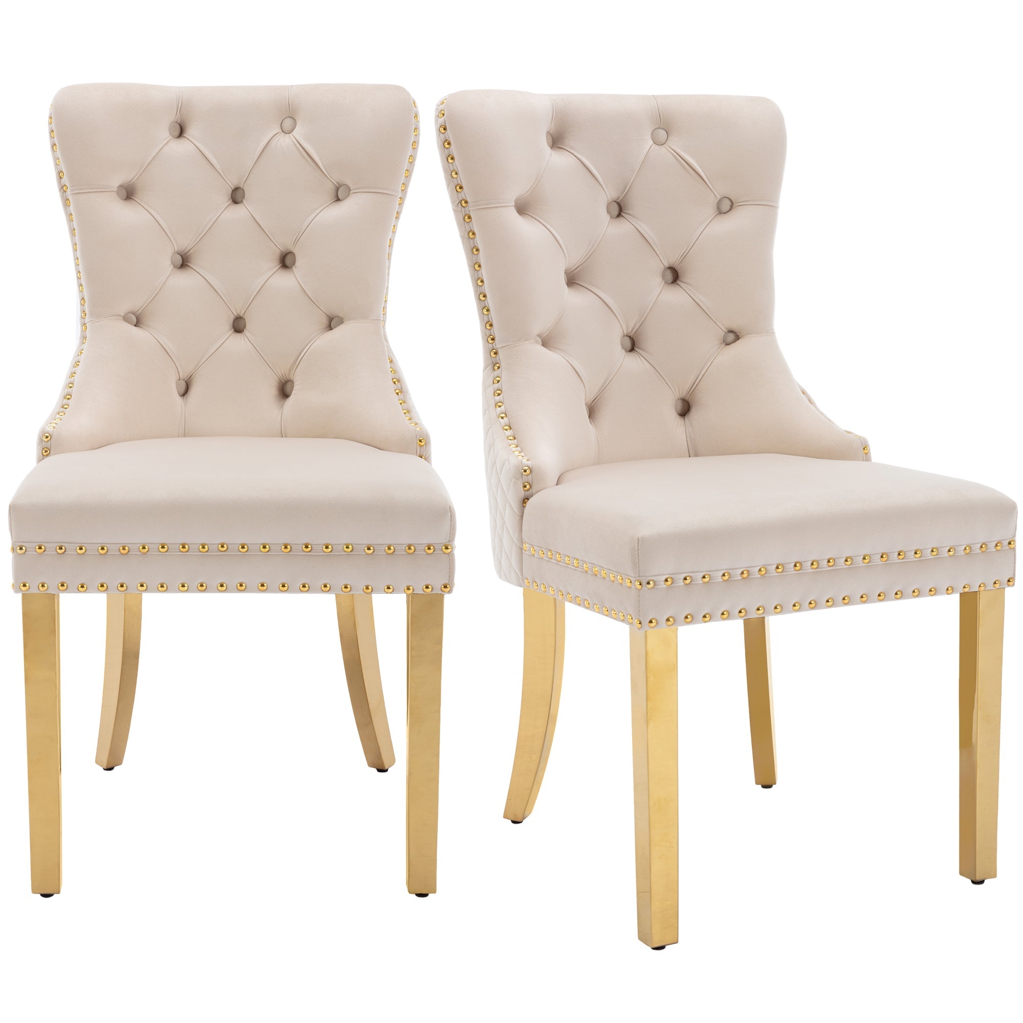Logidon Eetkamerstoel fluweelbeige goudkleurige spijkerkopversiering set van 2
