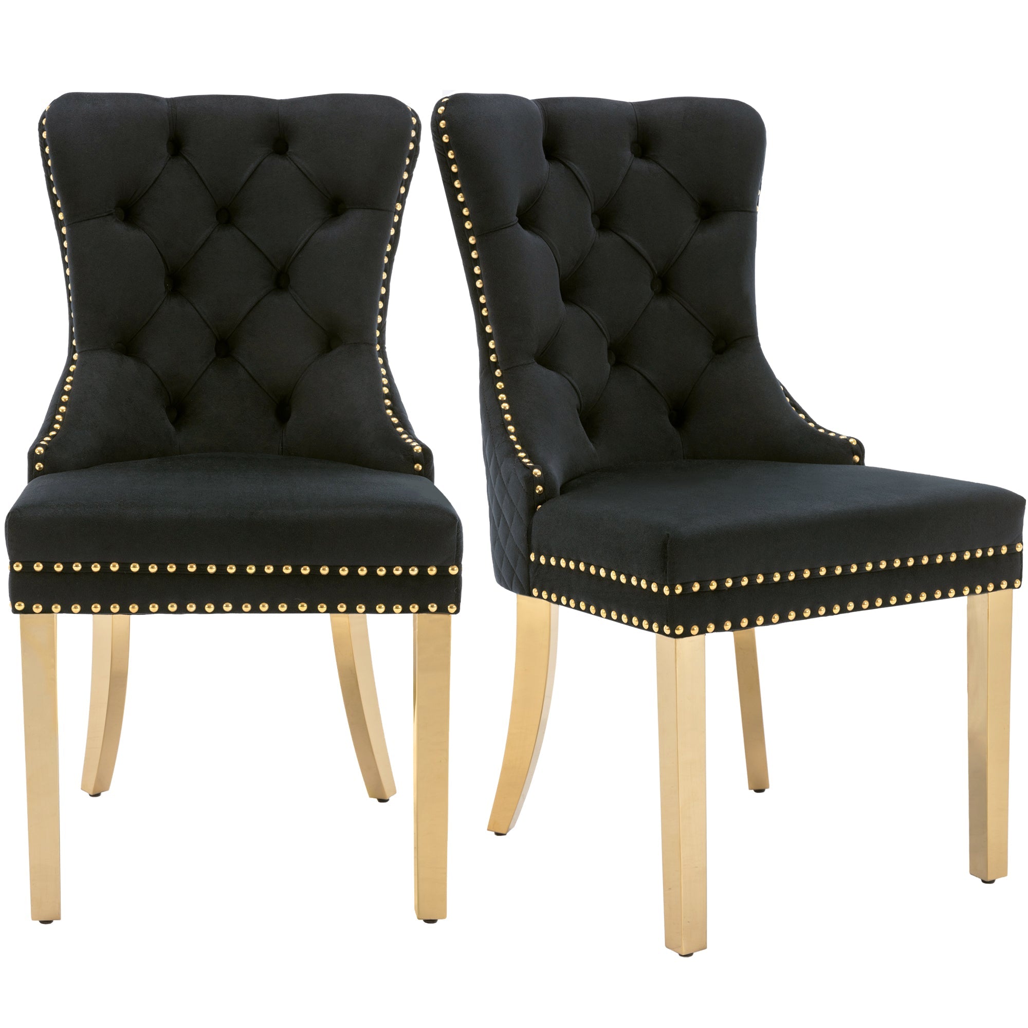 Logidon Dining Chair Set of Two Black Gold Velvet with Nail Head Trim