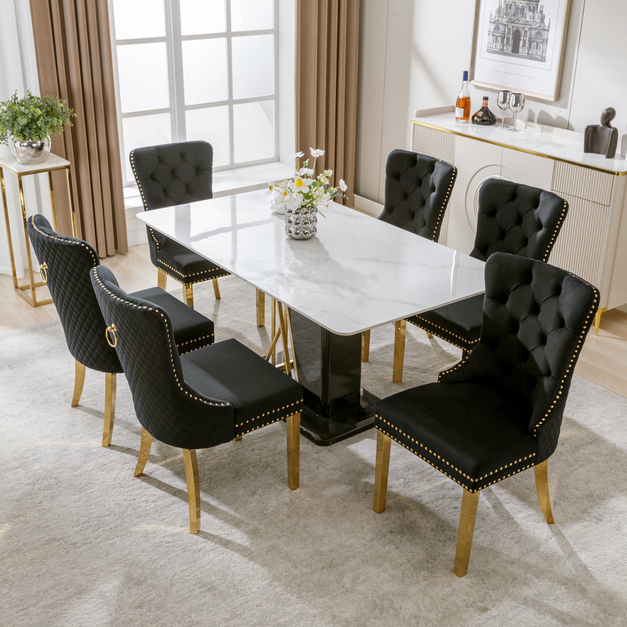 Logidon Eetkamerstoel fluweel zwart goud met spijkerkopversiering set van 6