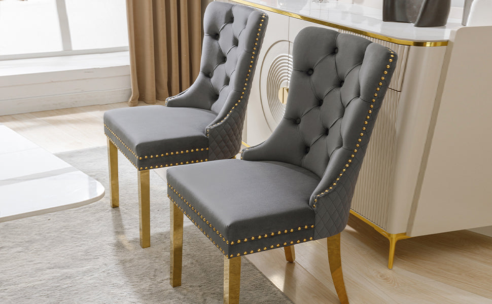 Logidon Dining Chair Velor Gray Nail Head Trim Set of 2