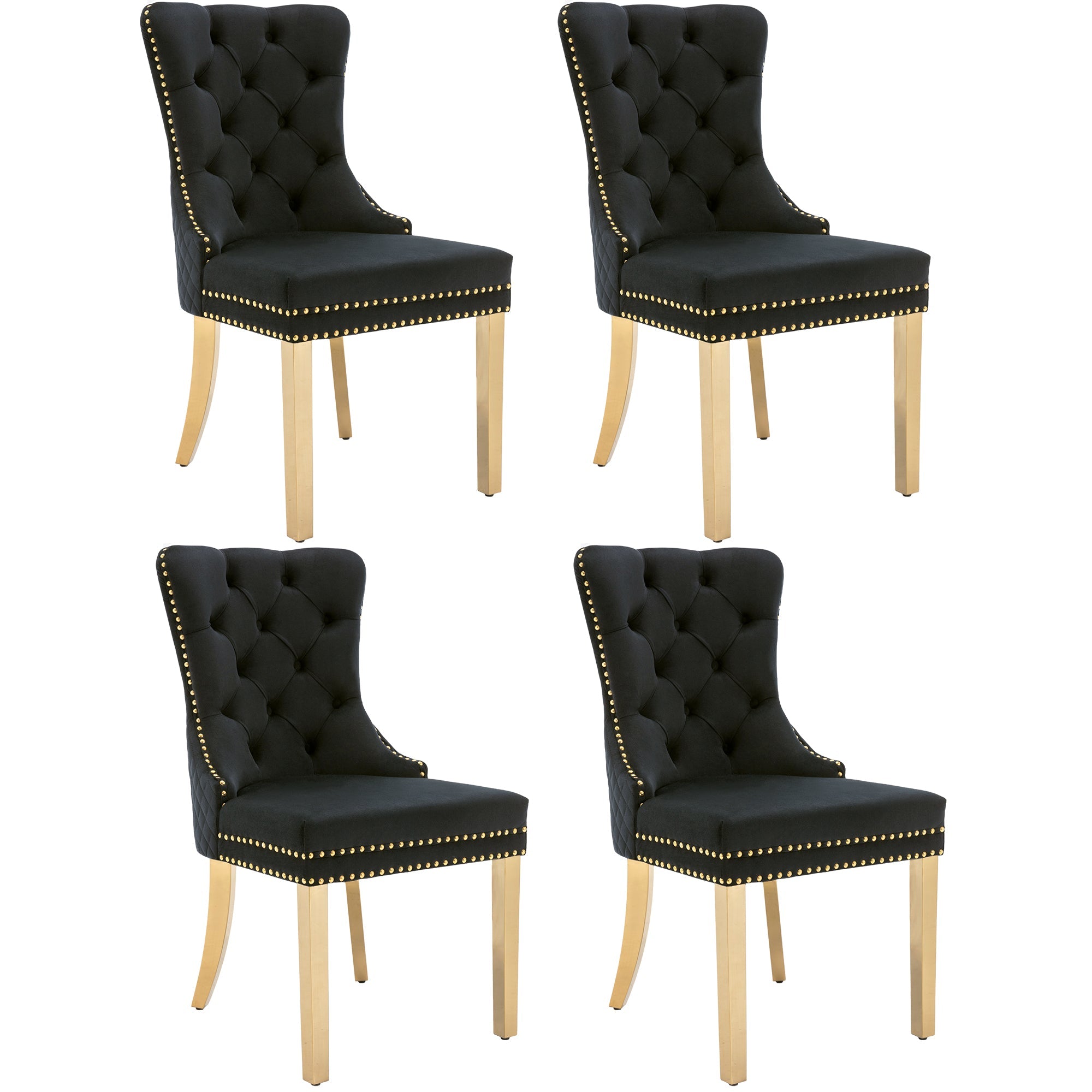 Logidon Dining Chair Set of 4 Velvet Black Gold Nail Head Trim
