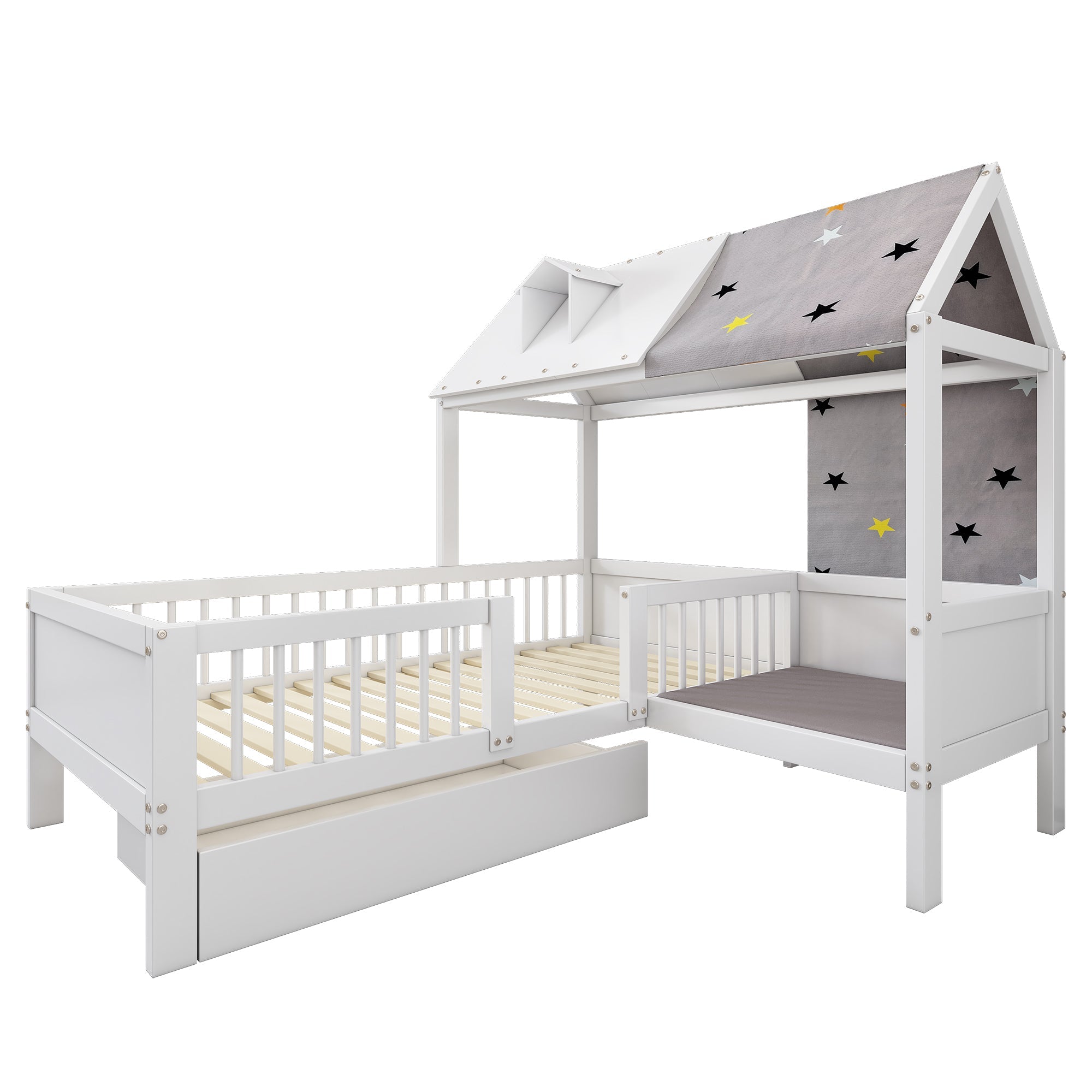 Logidon Huisvormig kinderbed hout 90x200 Witte tentstof Laden
