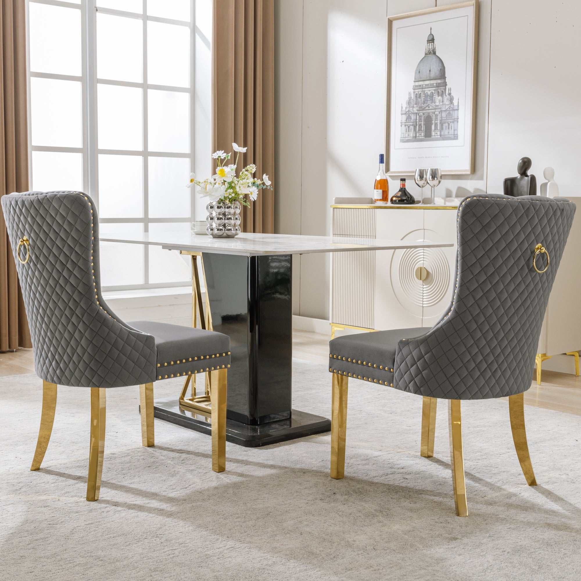 Logidon Dining Chair Velor Gray Nail Head Trim Set of 2