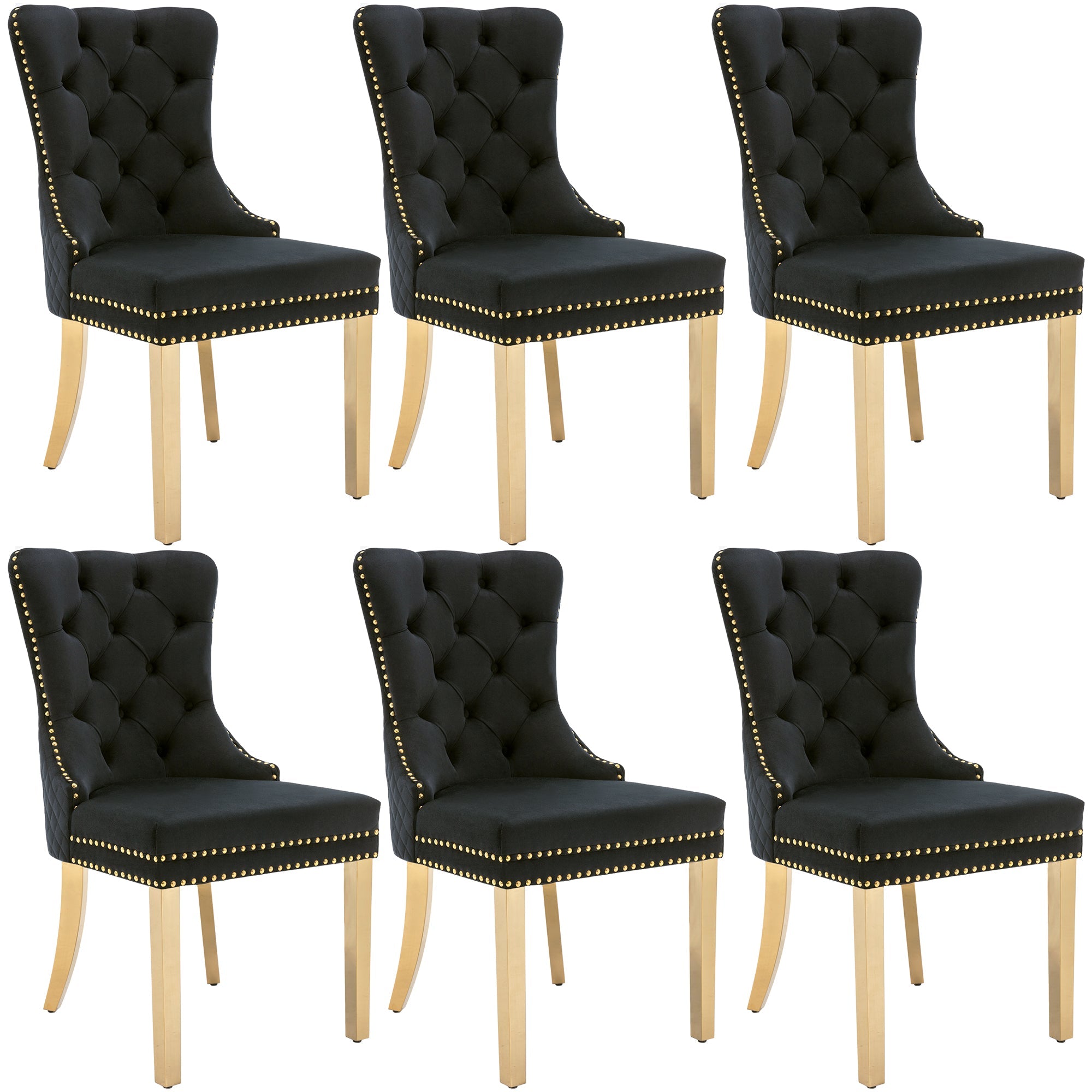 Logidon Dining Chair Velvet Black Gold Nail Head Trim Set of 6