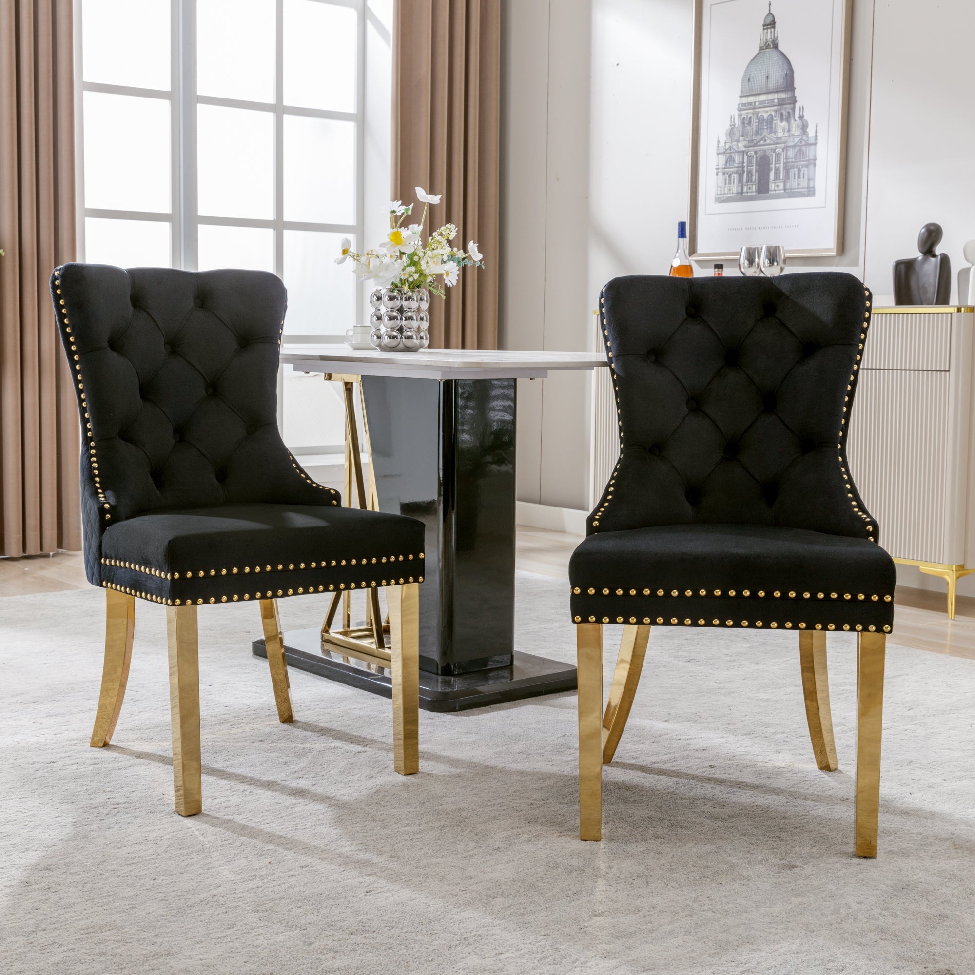 Logidon Dining Chair Set of Two Black Gold Velvet with Nail Head Trim