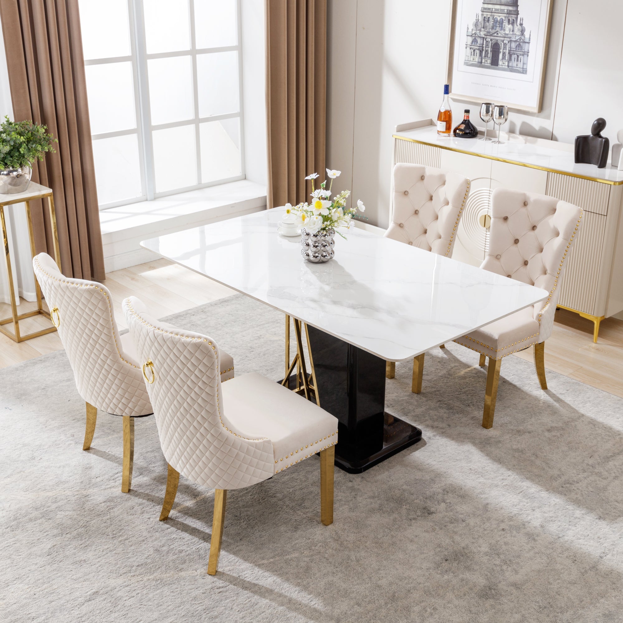Logidon Dining Chair Set of 4 Beige Velvet Door Knocker Gold Steel Legs