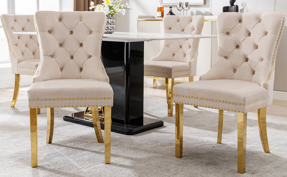 Logidon Dining Chair Set of 4 Beige Velvet Door Knocker Gold Steel Legs