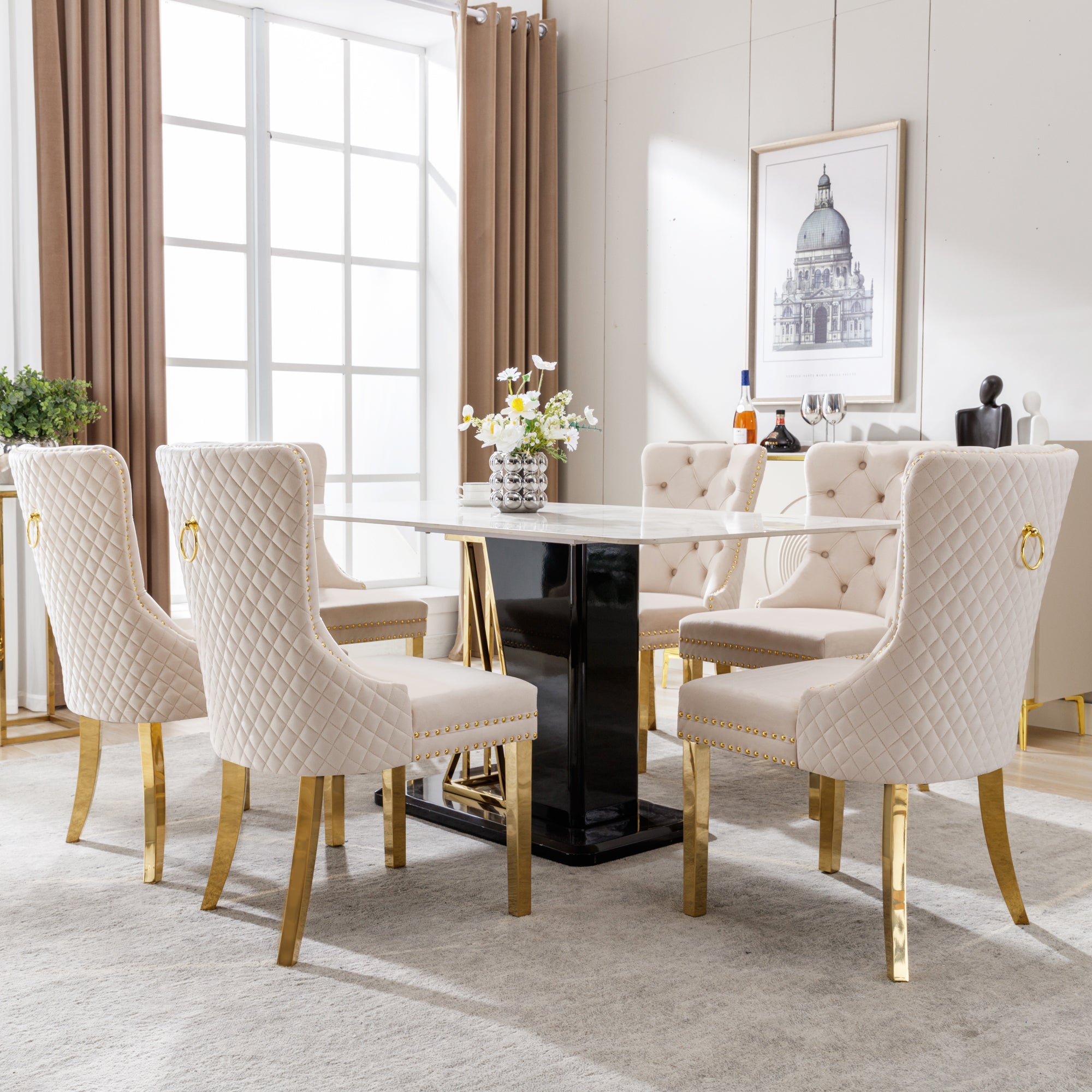 Logidon eetkamerstoelenset beige goud met deurklopper en spijkerkopafwerking