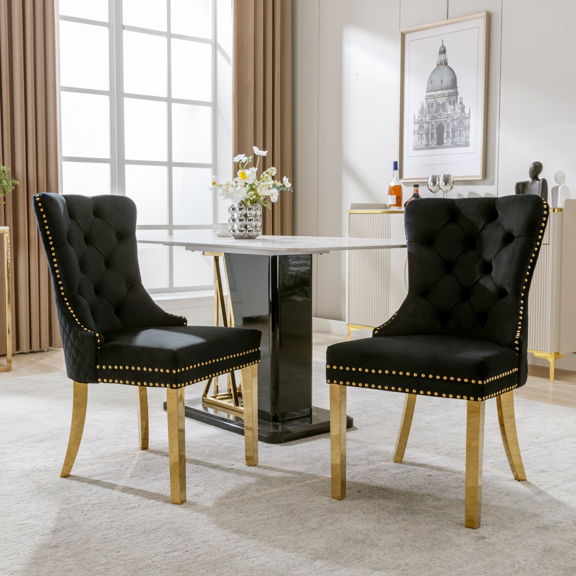 Logidon Dining Chair Set of Two Black Gold Velvet with Nail Head Trim